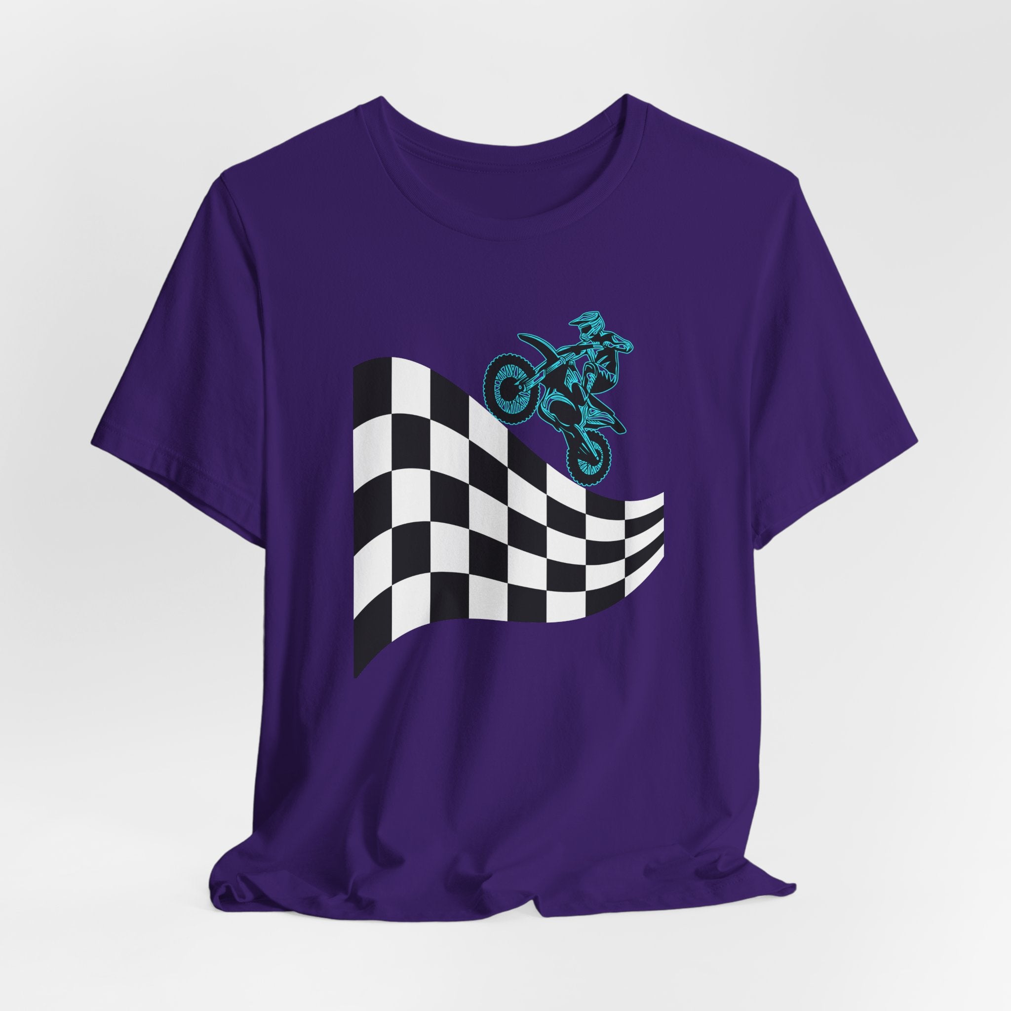 Purple t-shirt with a checkered flag and motocross dirt bike graphic on a white background