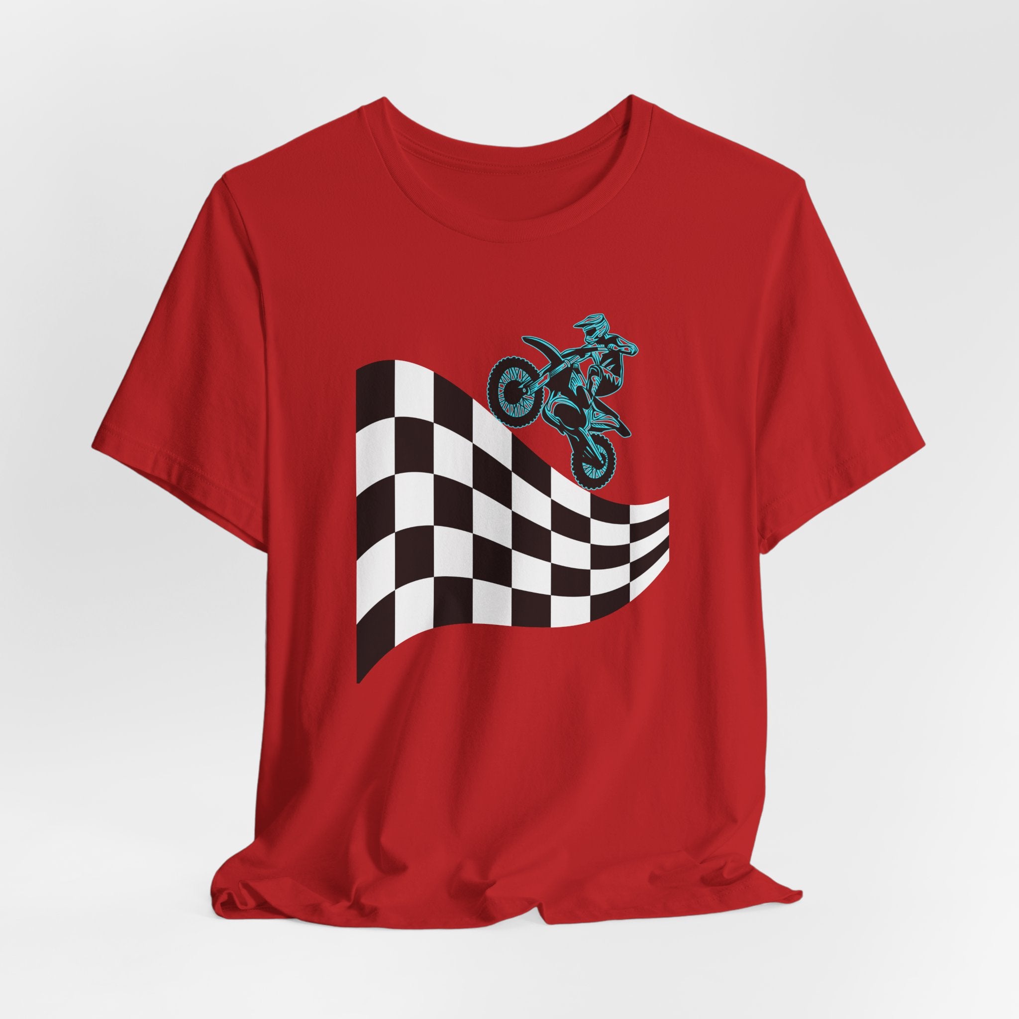 Red t-shirt with a checkered flag and motocross dirt bike graphic on a white background
