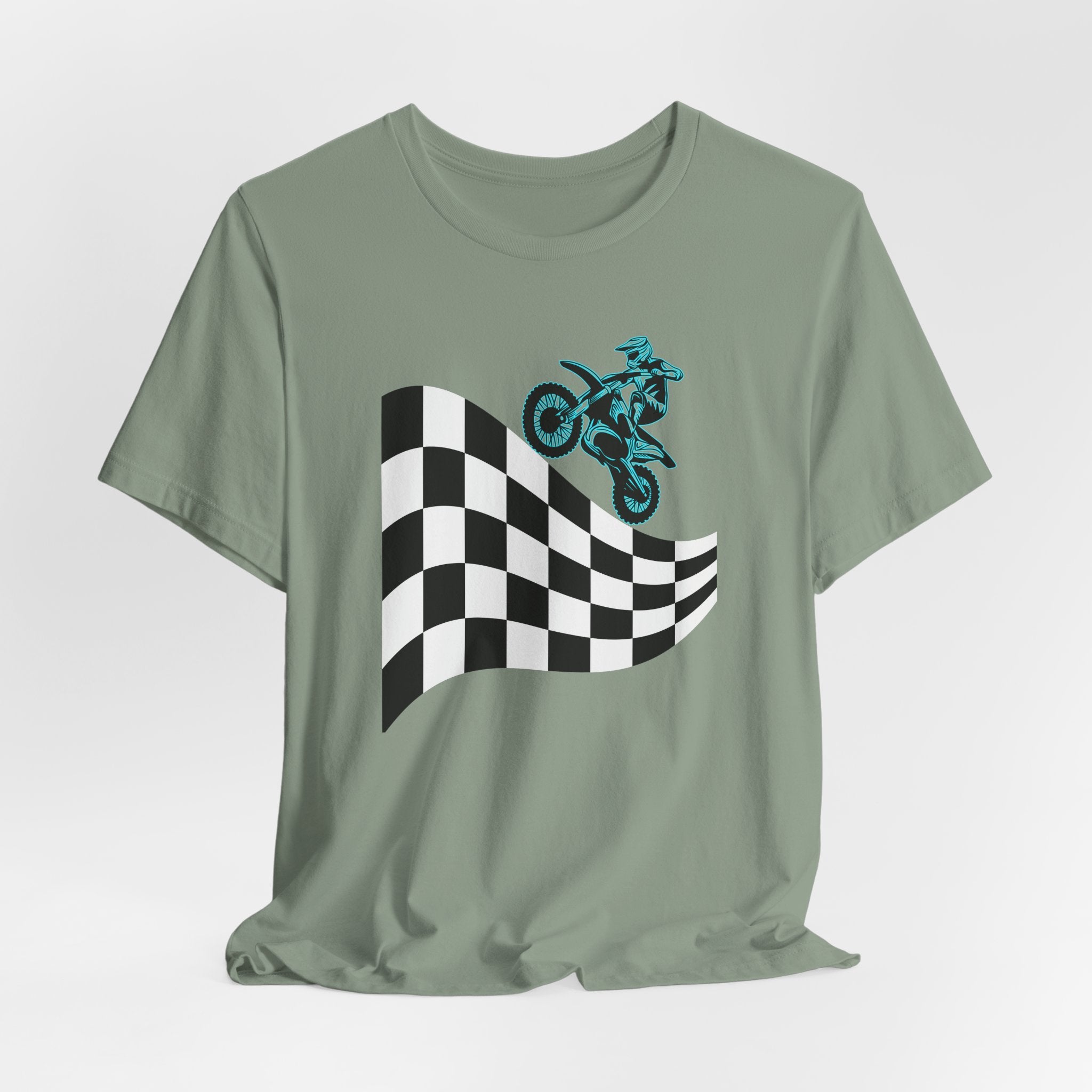 Sage green t-shirt with a checkered flag and motocross dirt bike graphic on a white background
