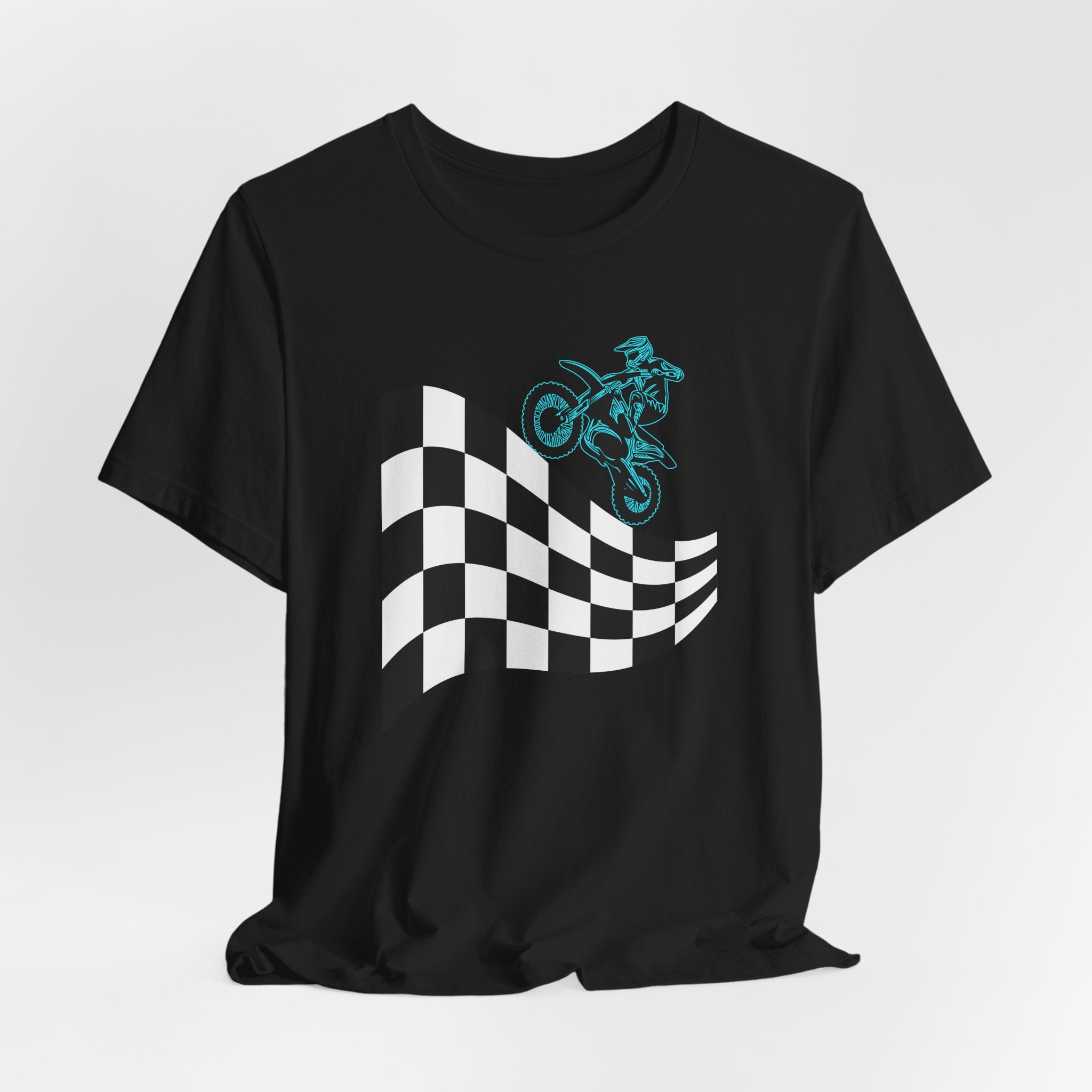 Vintage black t-shirt with a checkered flag and motocross dirt bike graphic on a white background