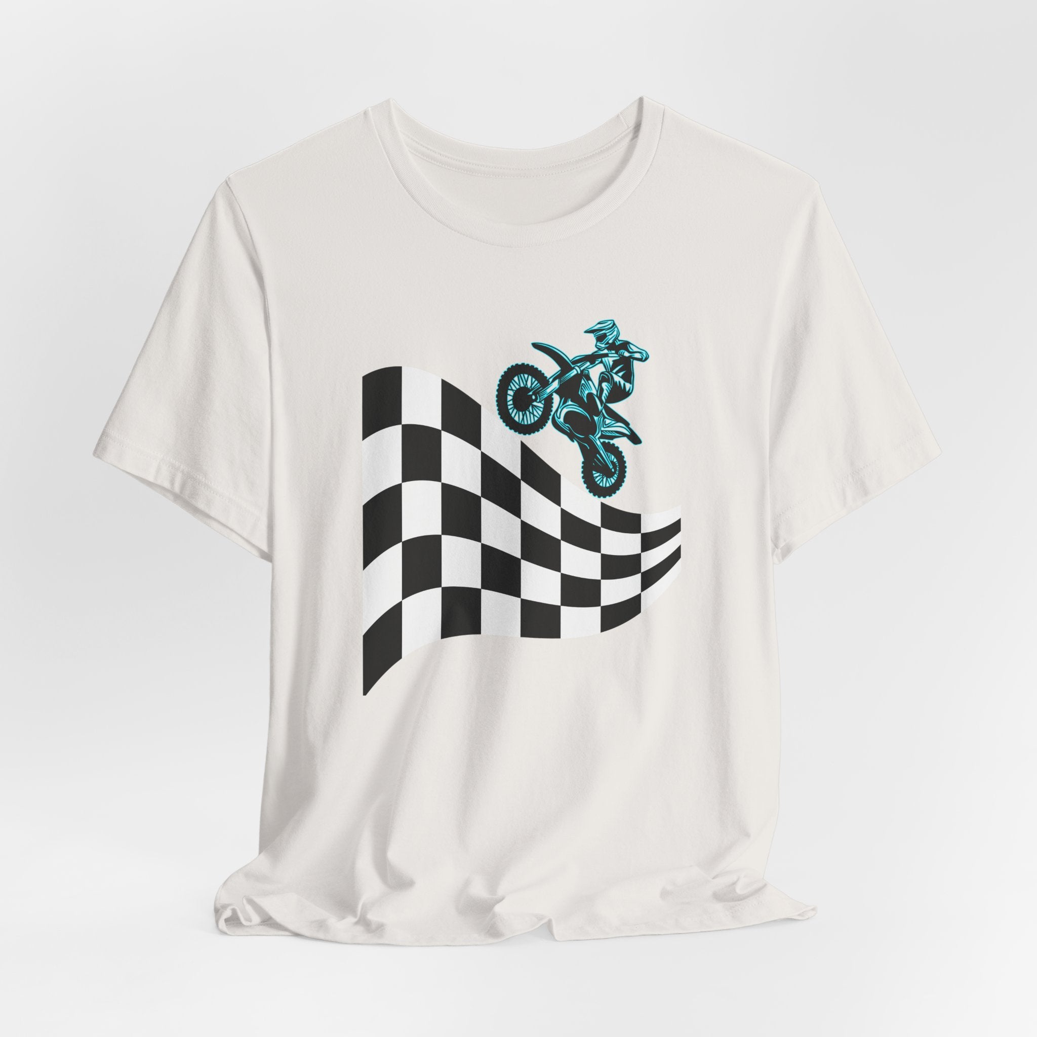 Vintage white t-shirt with a checkered flag and motocross dirt bike graphic on a white background