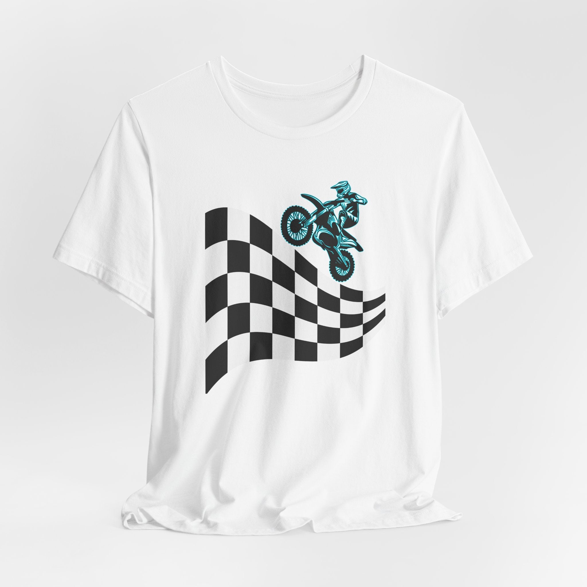 White t-shirt with a checkered flag and motocross dirt bike graphic on a white background
