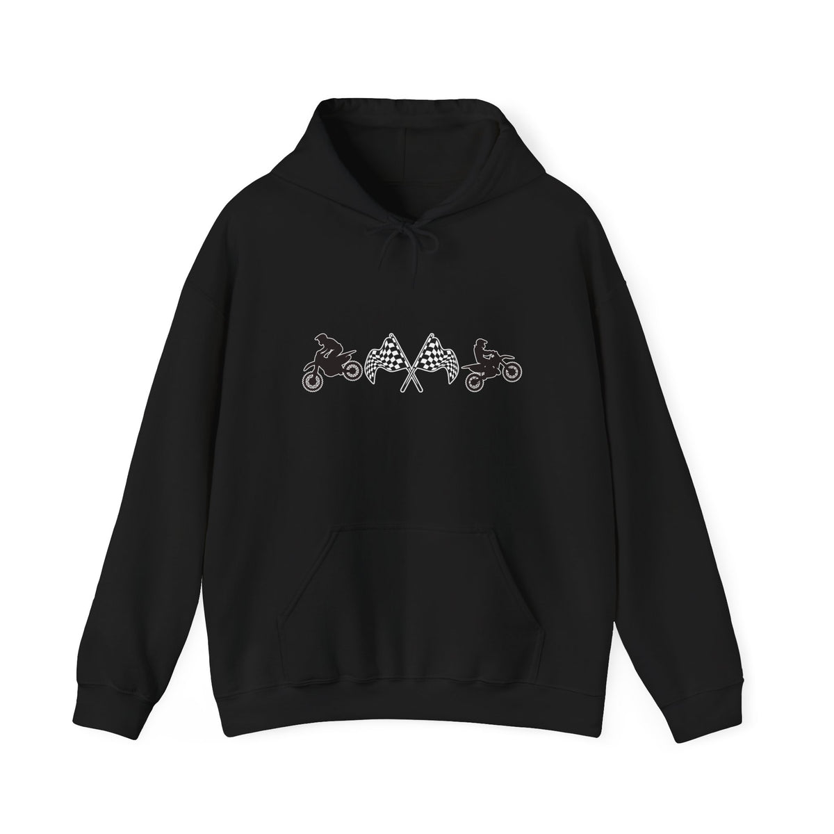 Black hoodie with white graphic design on a white background