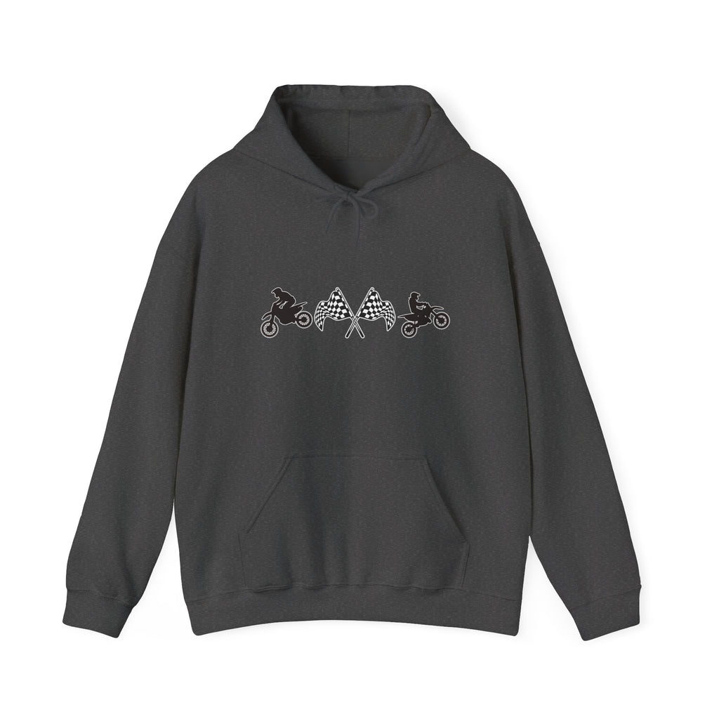 Dark gray hoodie with embroidered design on a white background