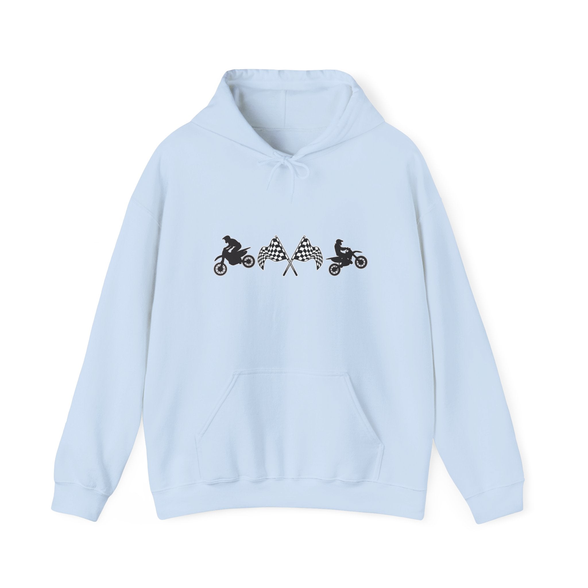 Light blue hoodie with black graphic design on a white background