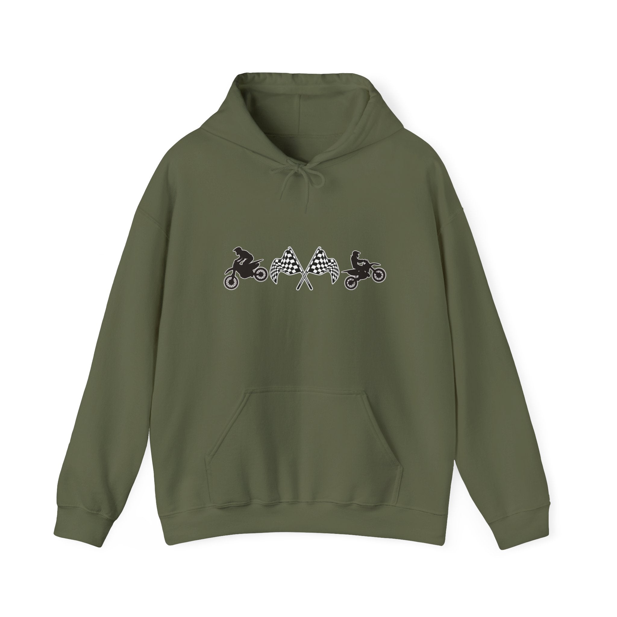 Military green hoodie with graphic design on a white background