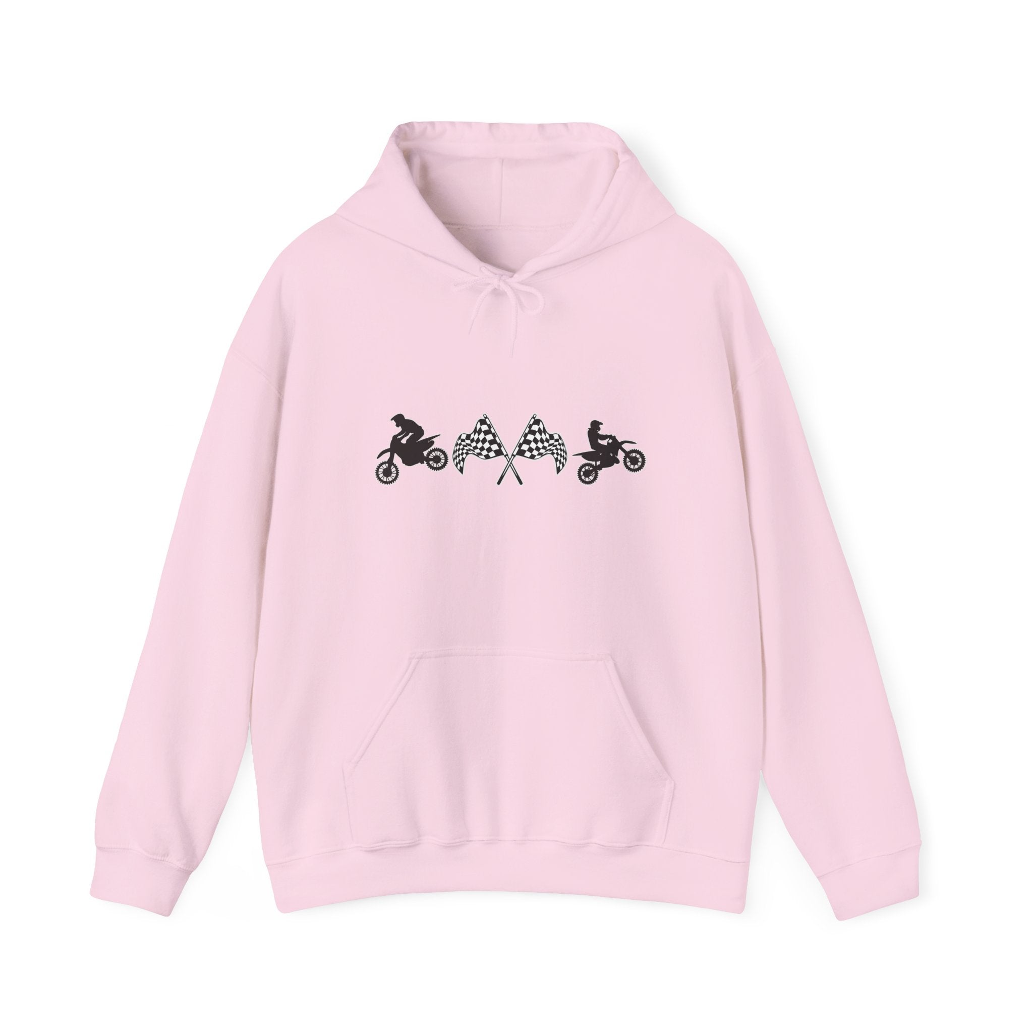 Pink hoodie with black graphic design on a white background