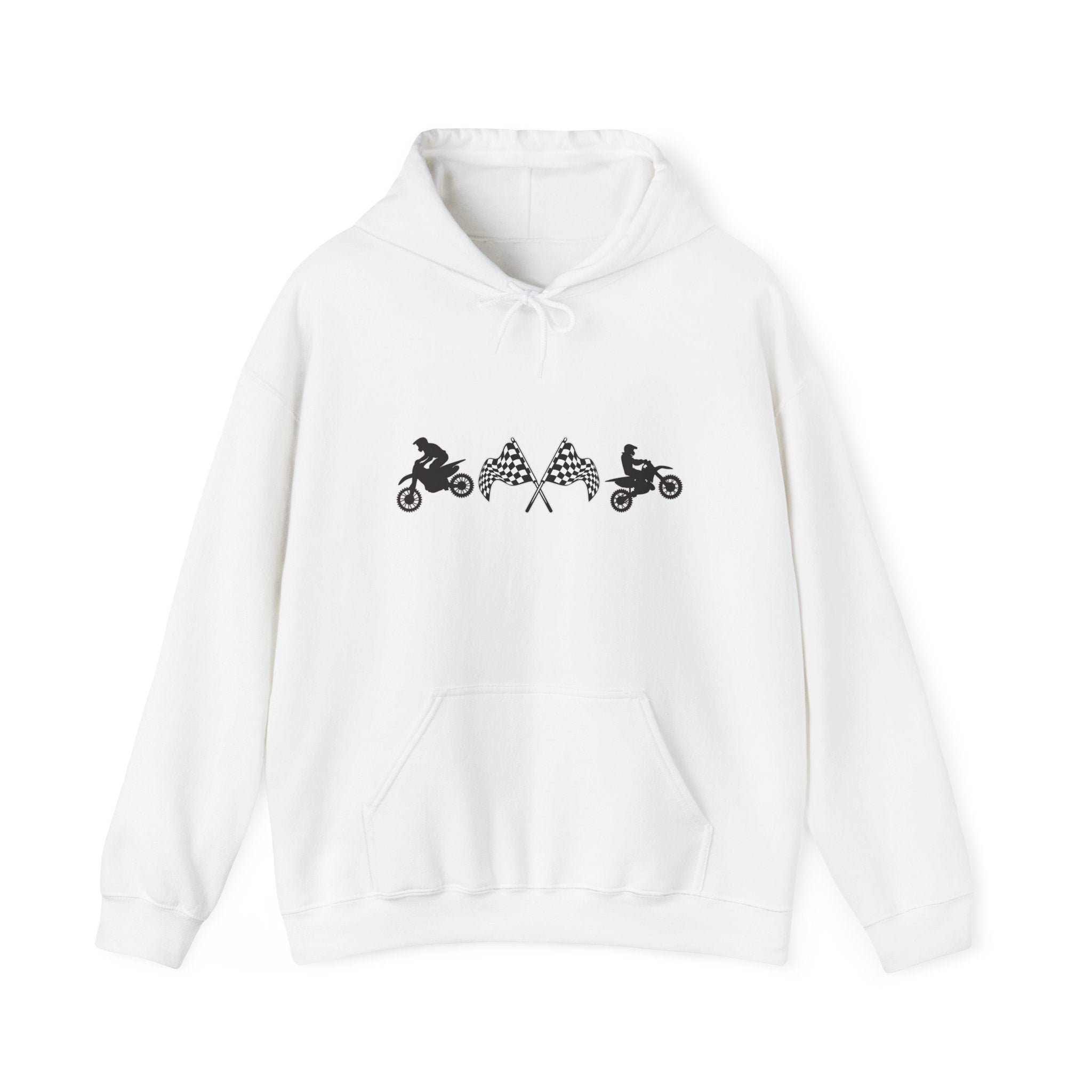 White hoodie with black motocross graphic design on a white background