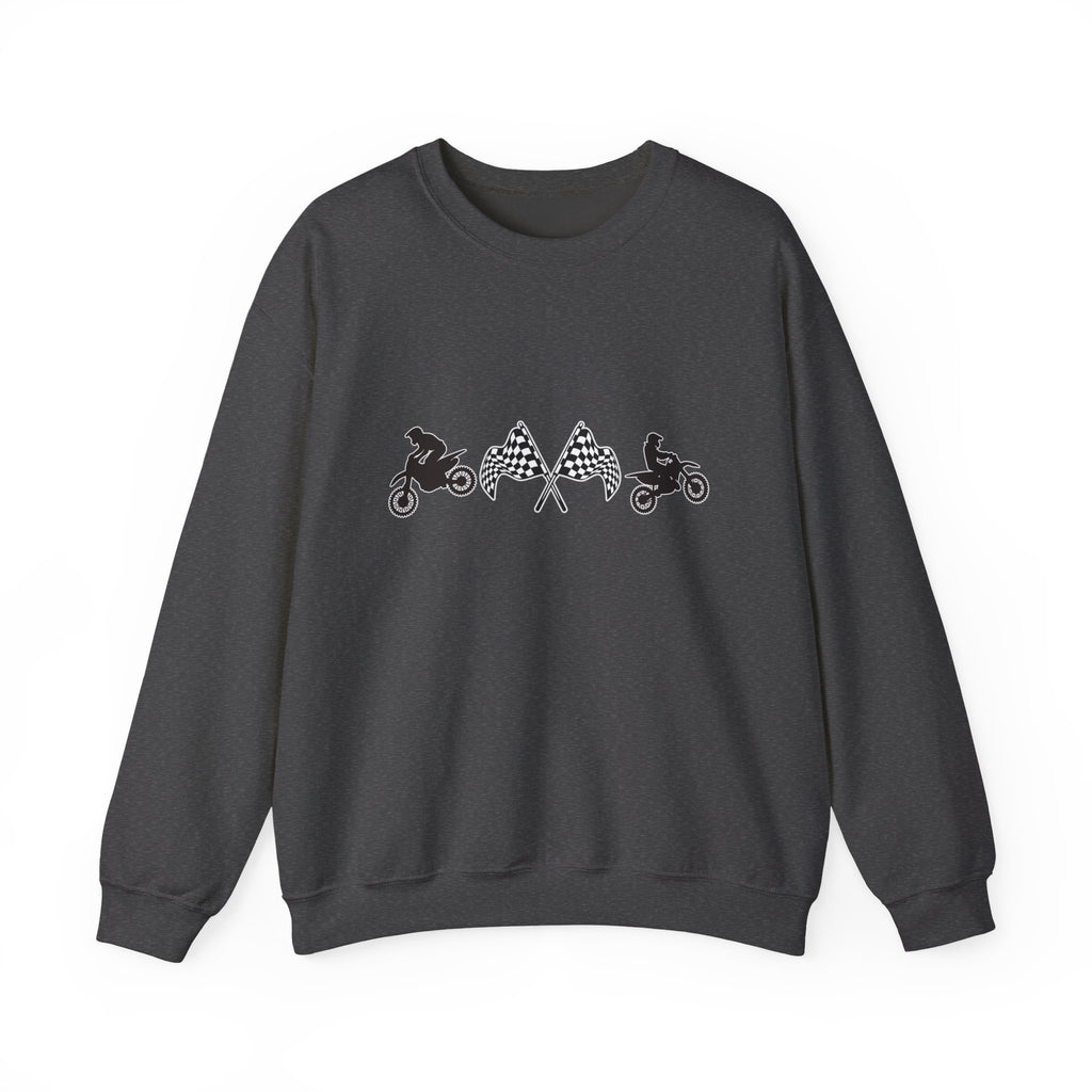 Dark heather sweatshirt with graphic design on a white background