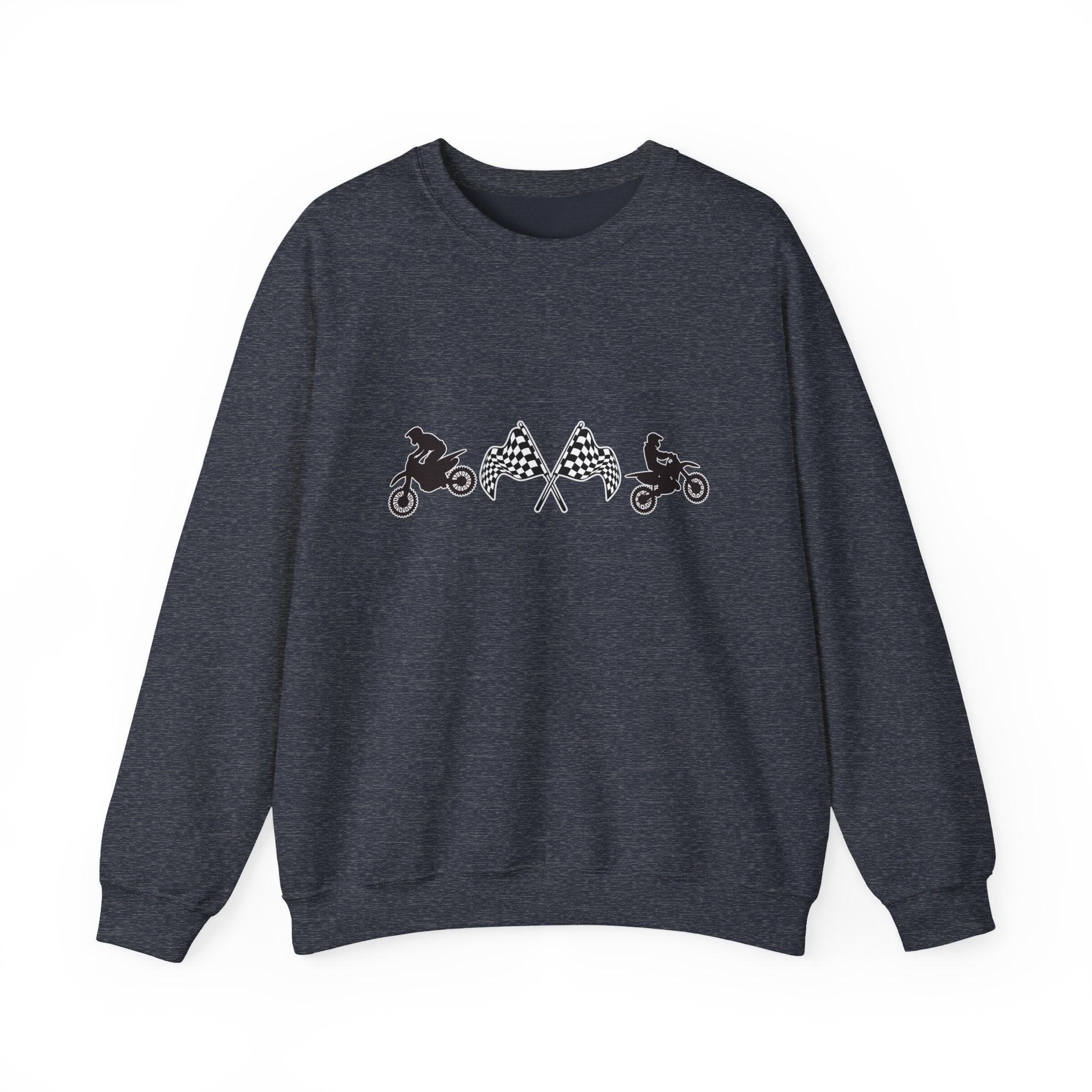 Heather sport dark navy sweatshirt with embroidered design on a white background