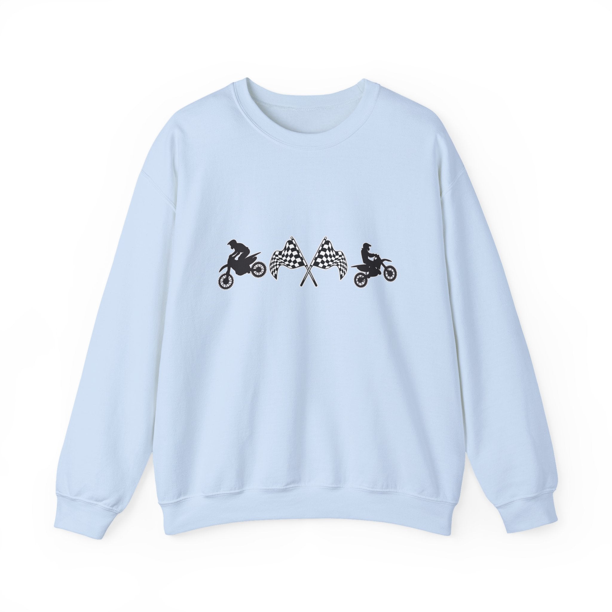 Light blue sweatshirt with black graphic design on a white background