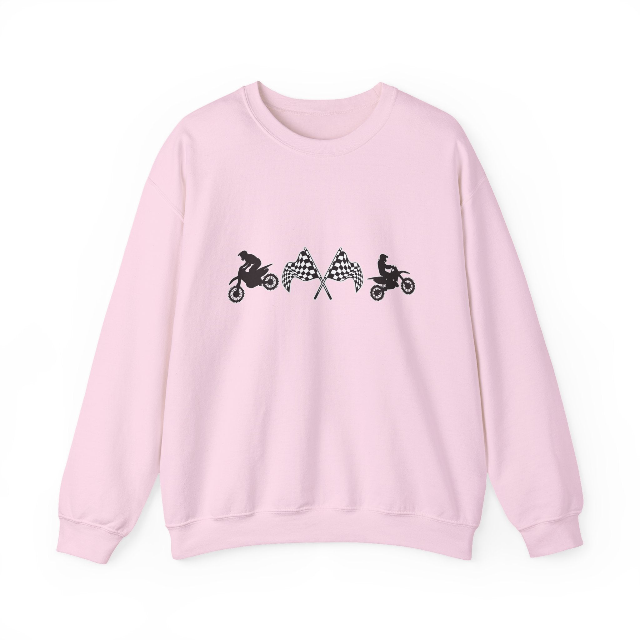 Light pink sweatshirt with black graphic design on a white background