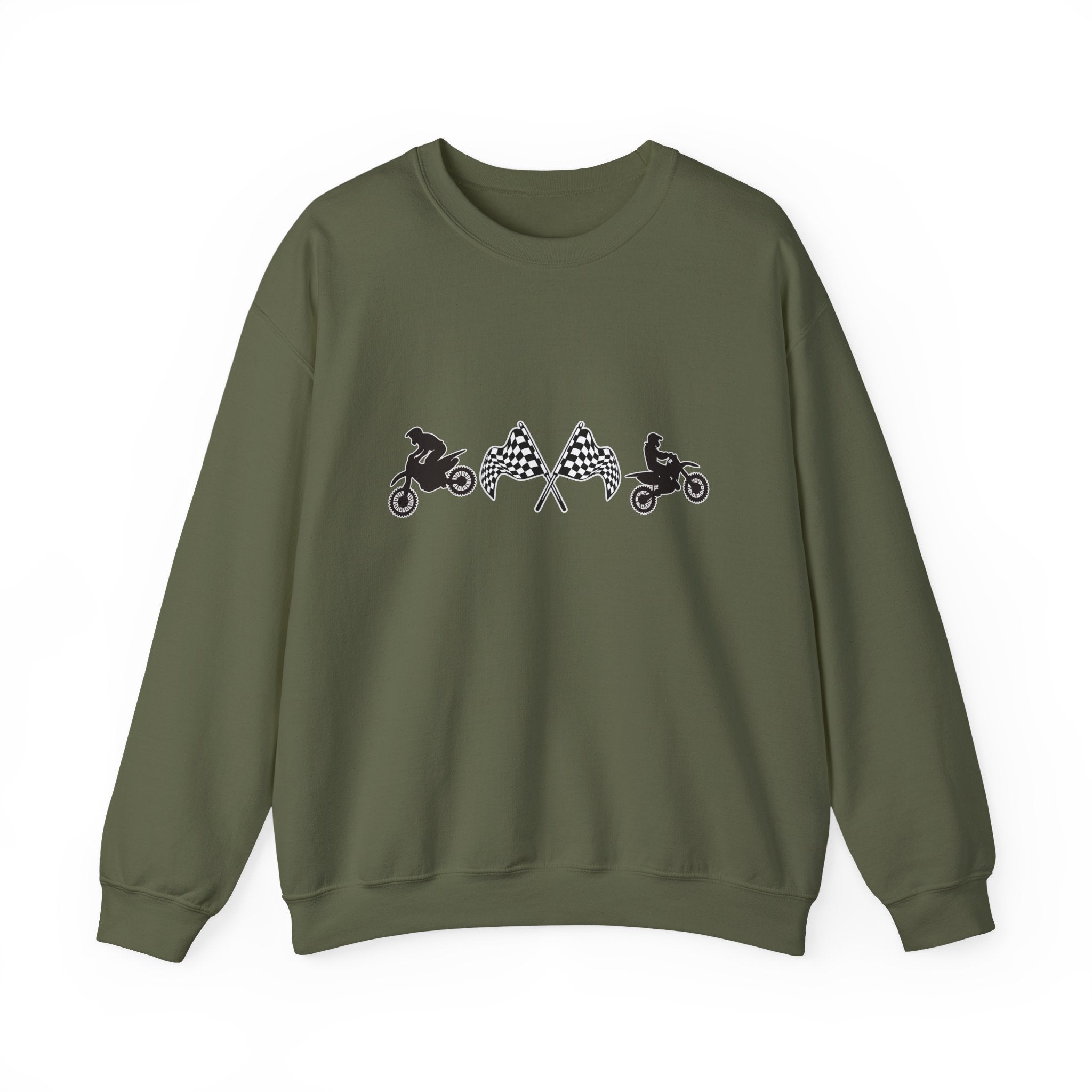 Military green sweatshirt with graphic design on a white background