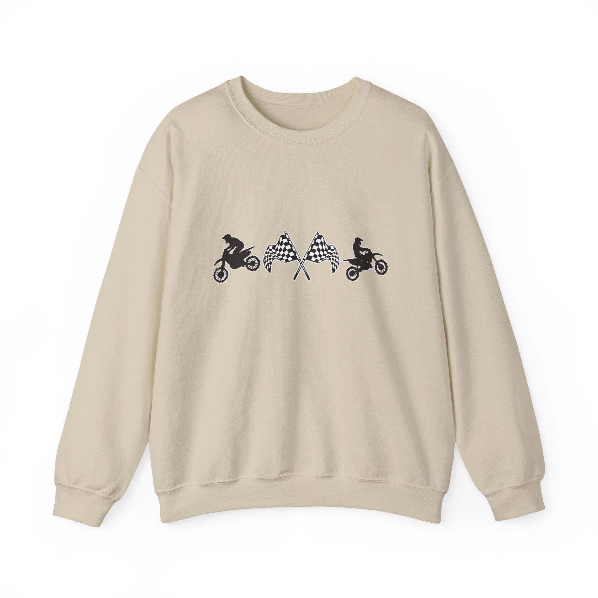 Beige sweatshirt with racing-themed graphics on a white background