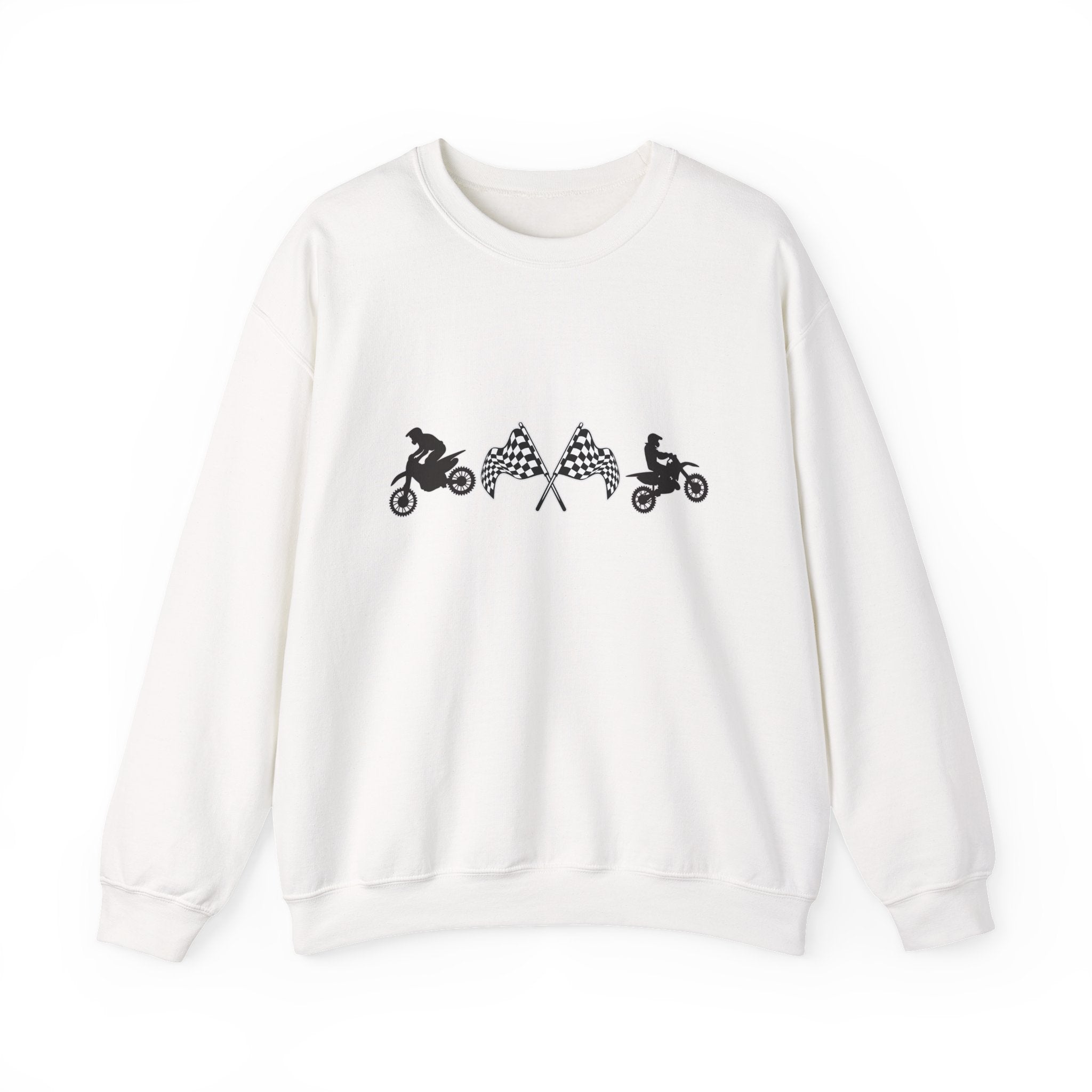 White sweatshirt with black graphic design on a white background