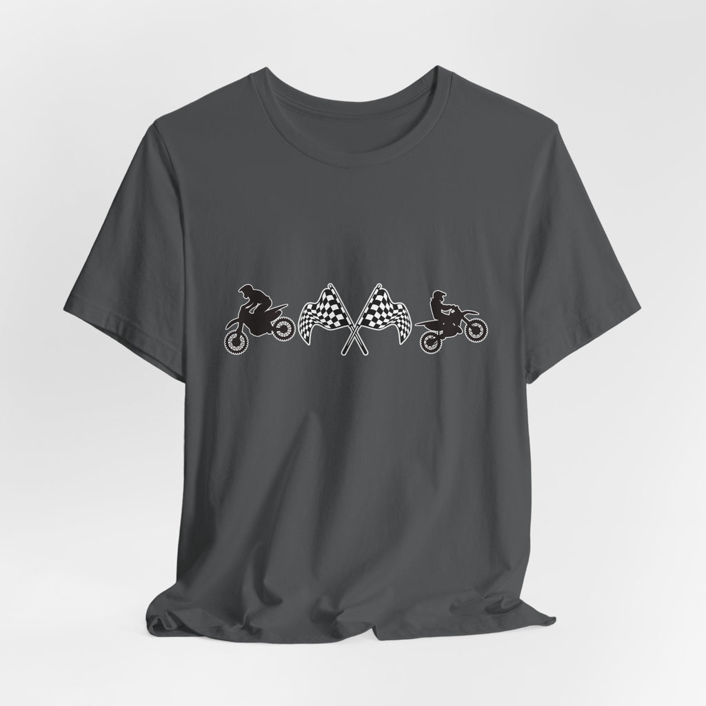 Asphalt gray t-shirt with graphic design of two motocross dirt bike and checkered flags on a white background