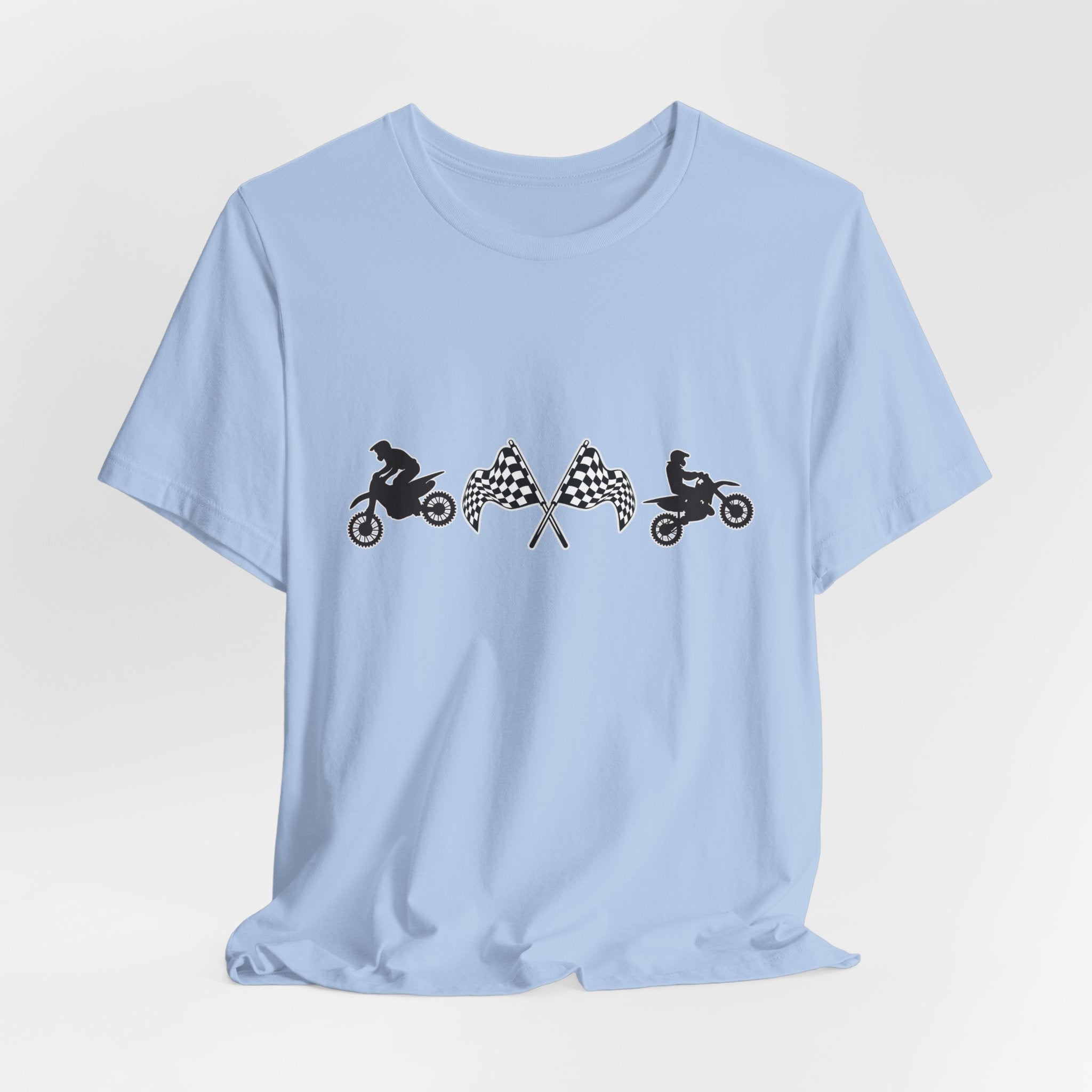 Baby light blue t-shirt with graphic design of two motocross dirt bike and checkered flags on a white background