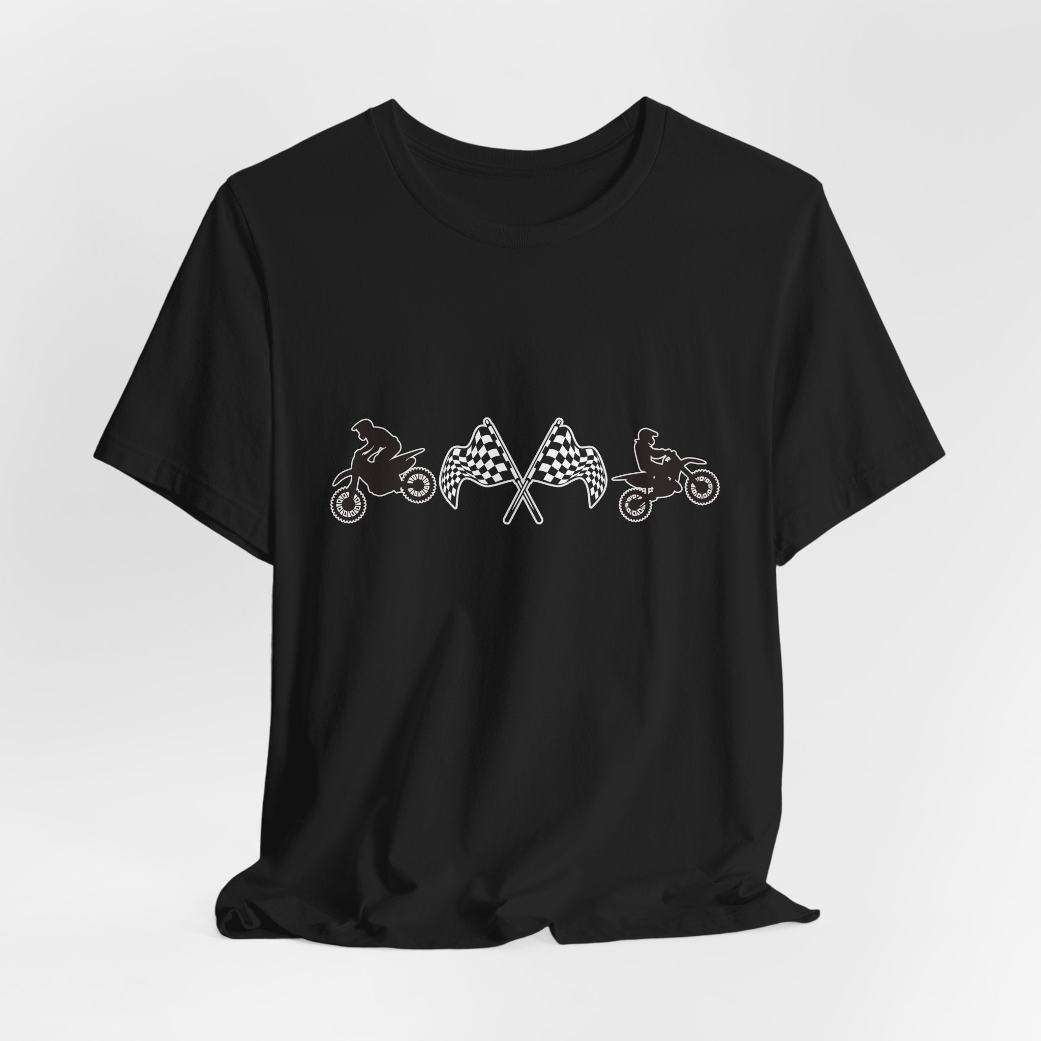 Black t-shirt with graphic design of two motocross dirt bike and checkered flags on a white background