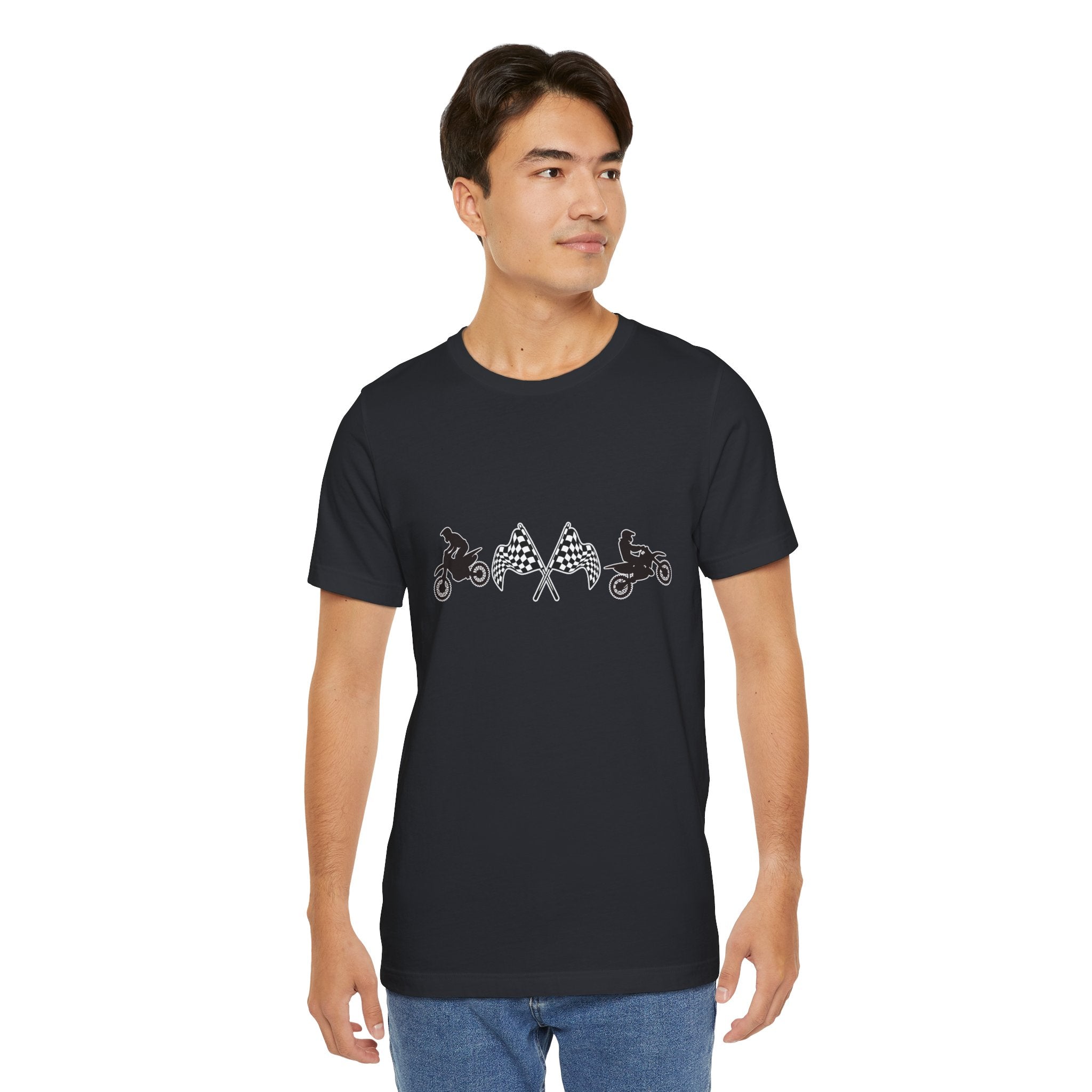 Man wearing a black t-shirt with graphic designs on a white background