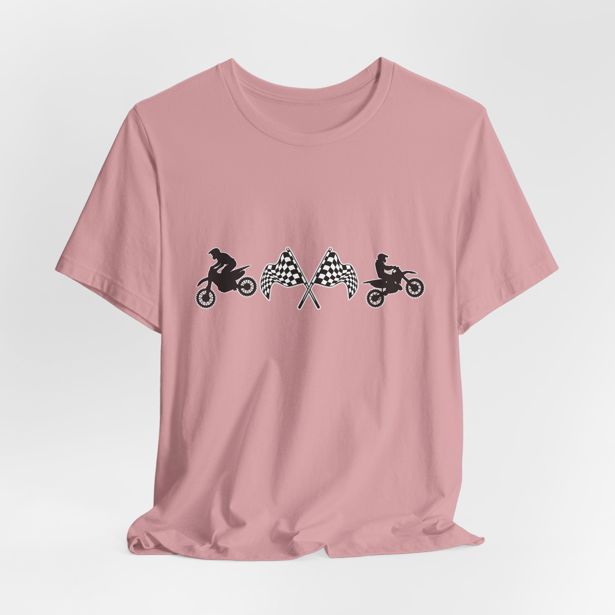 Orchid pink t-shirt with graphic design of two motocross dirt bike and checkered flags on a white background