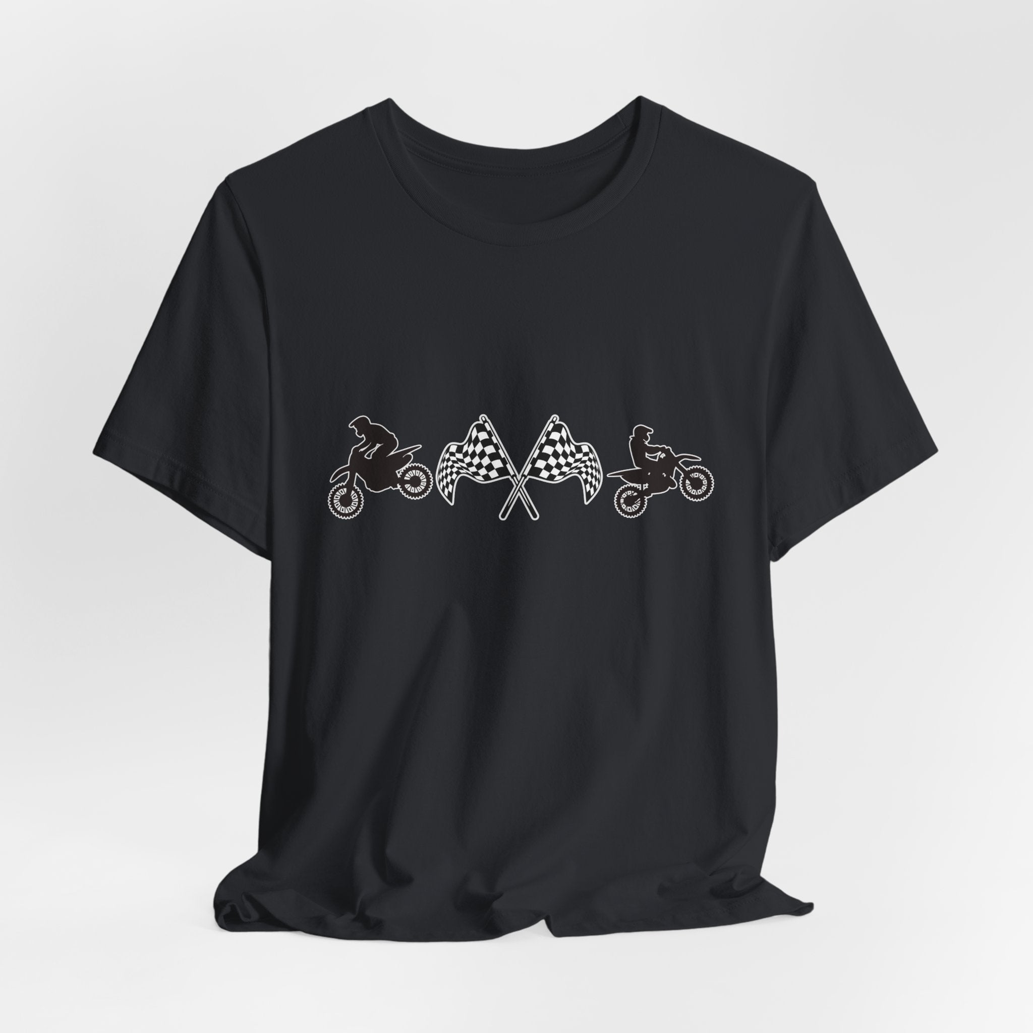 Vintage black t-shirt with graphic design of two motocross dirt bike and checkered flags on a white background