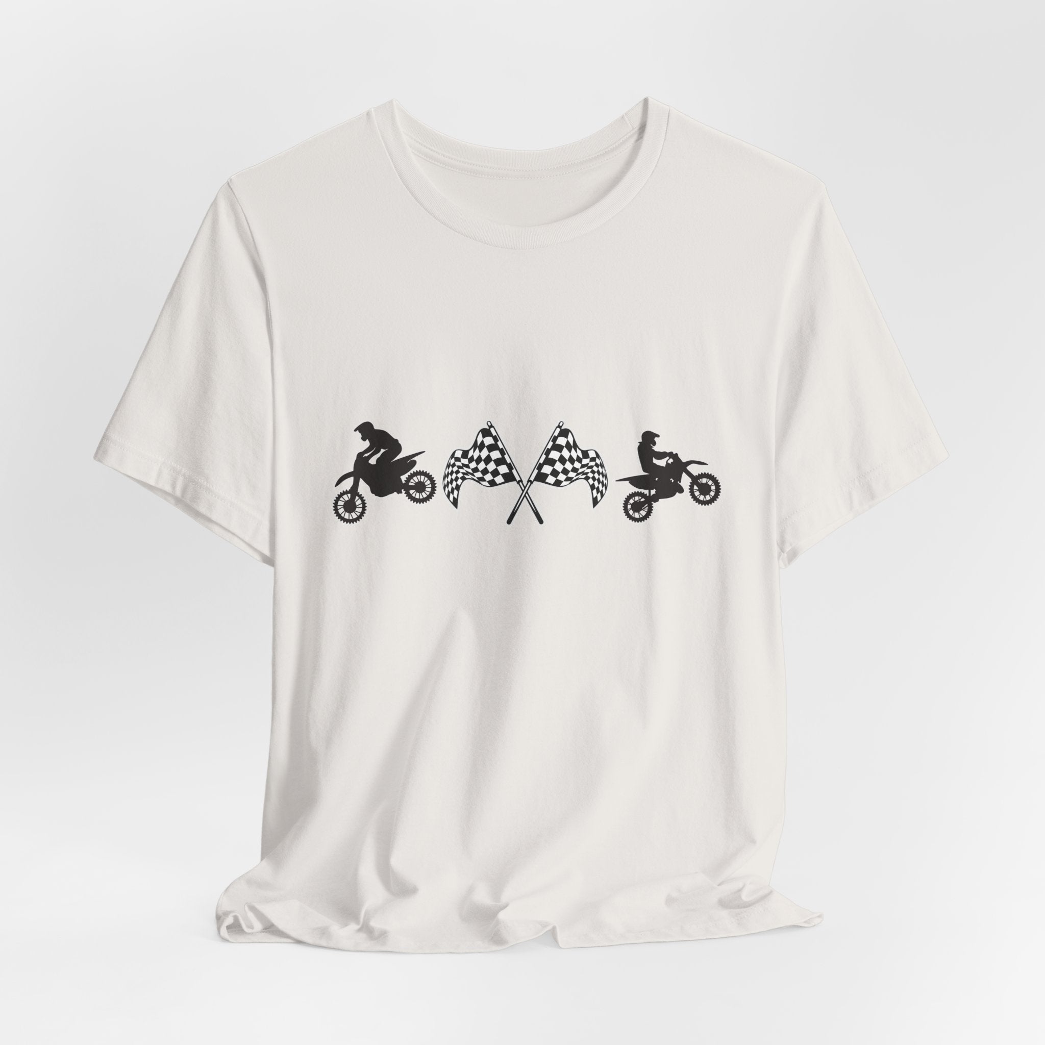 Vintage white t-shirt with graphic design of two motocross dirt bike and checkered flags on a white background
