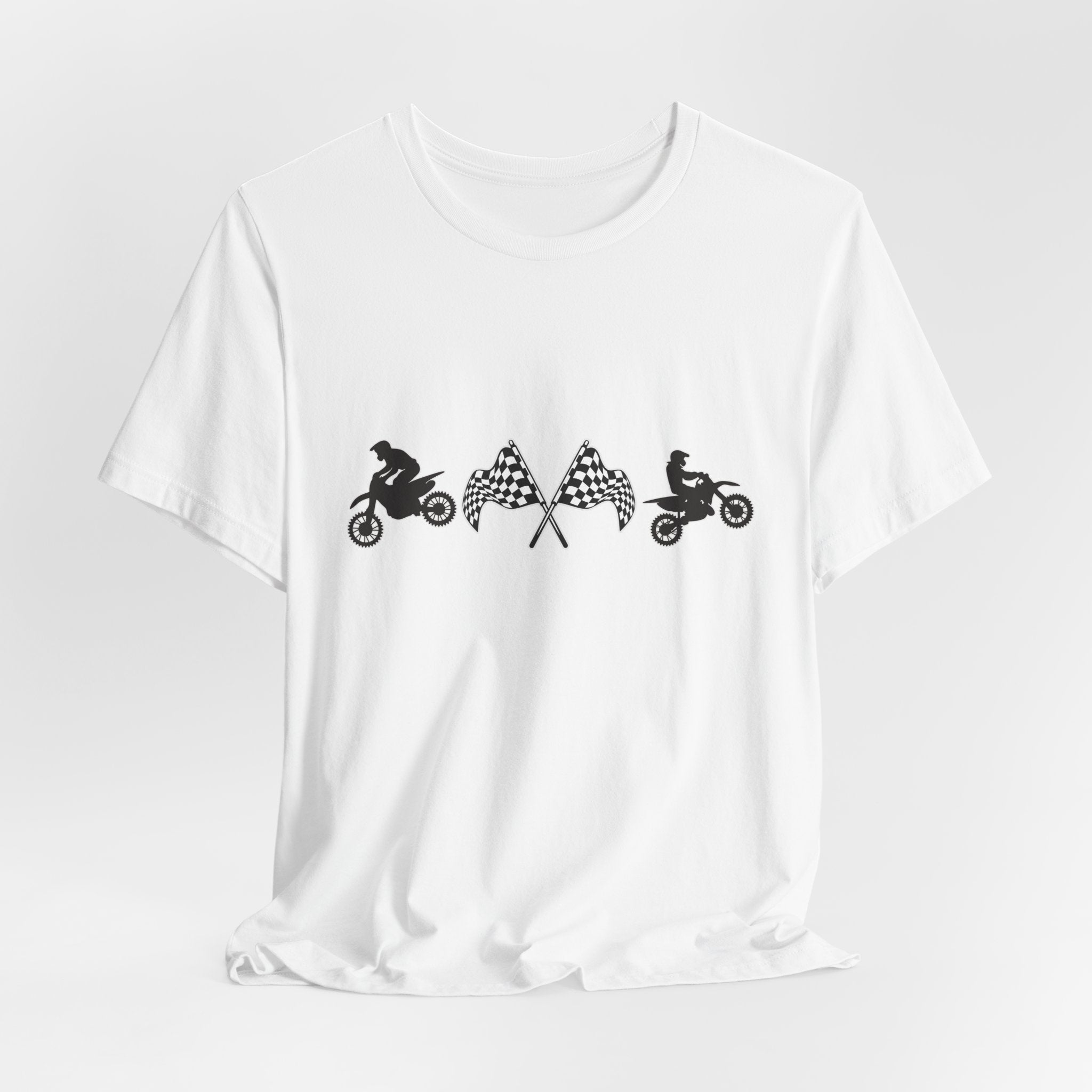 White t-shirt with graphic design of two motocross dirt bike and checkered flags on a white background