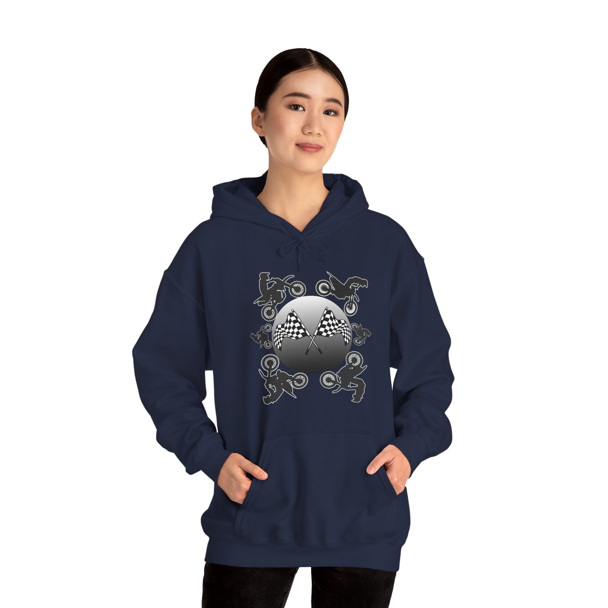 Person wearing a navy blue hoodie with a graphic design on a white background
