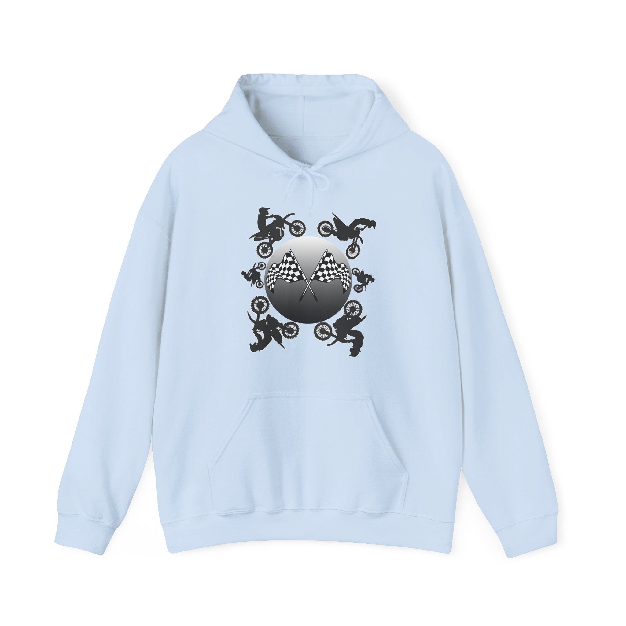 Light blue hoodie with a black and white graphic design on a white background