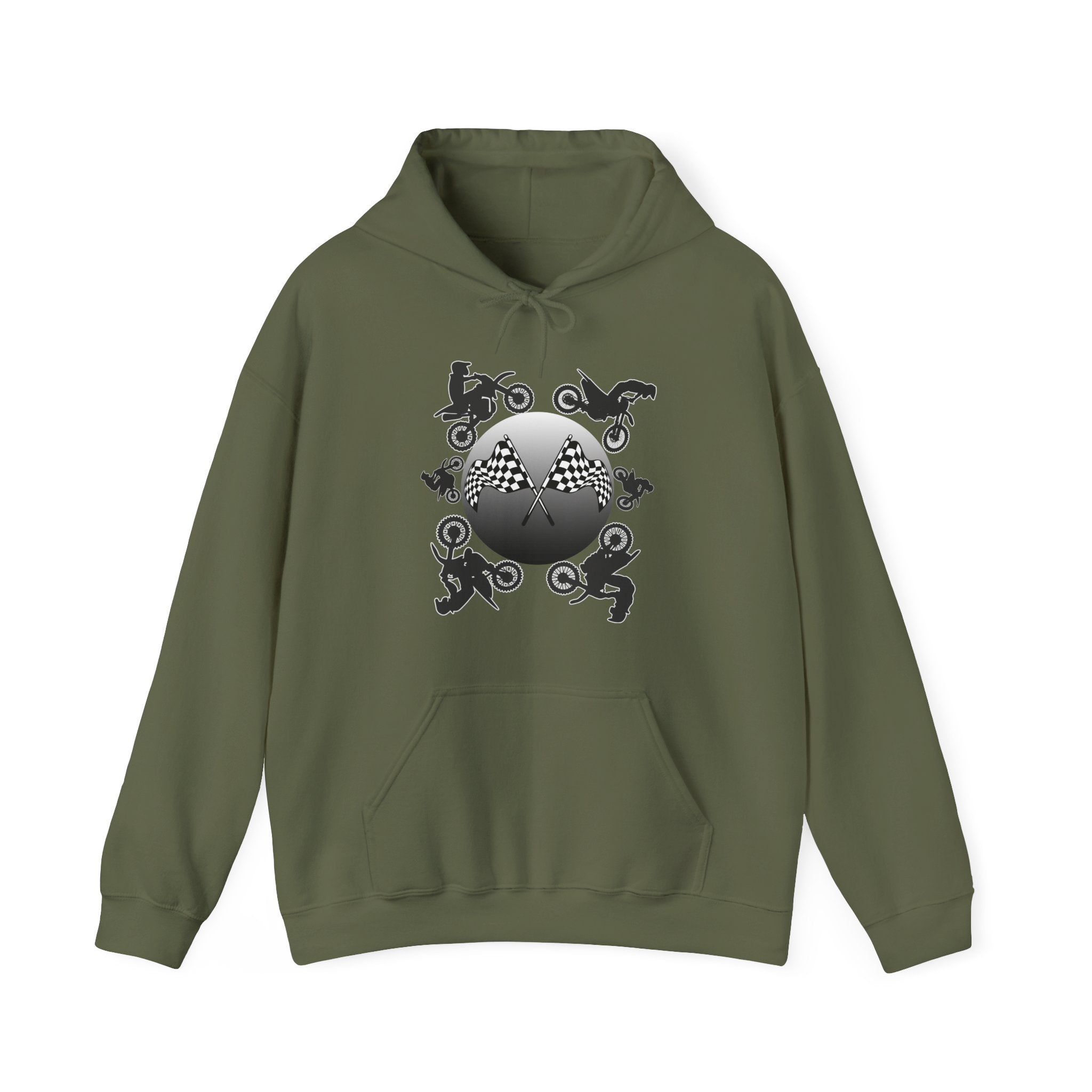 Military green hoodie with a graphic design on a white background