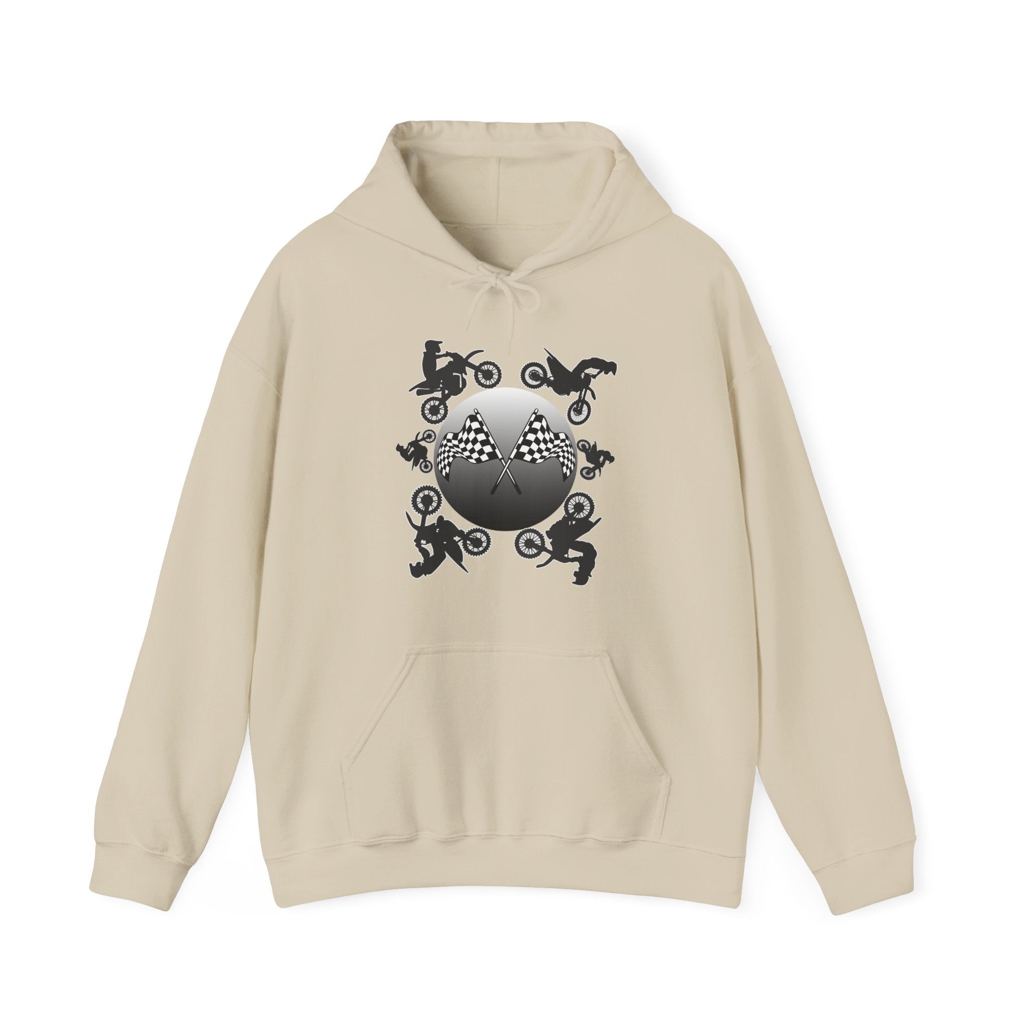 Beige hoodie with a black graphic design on a white background
