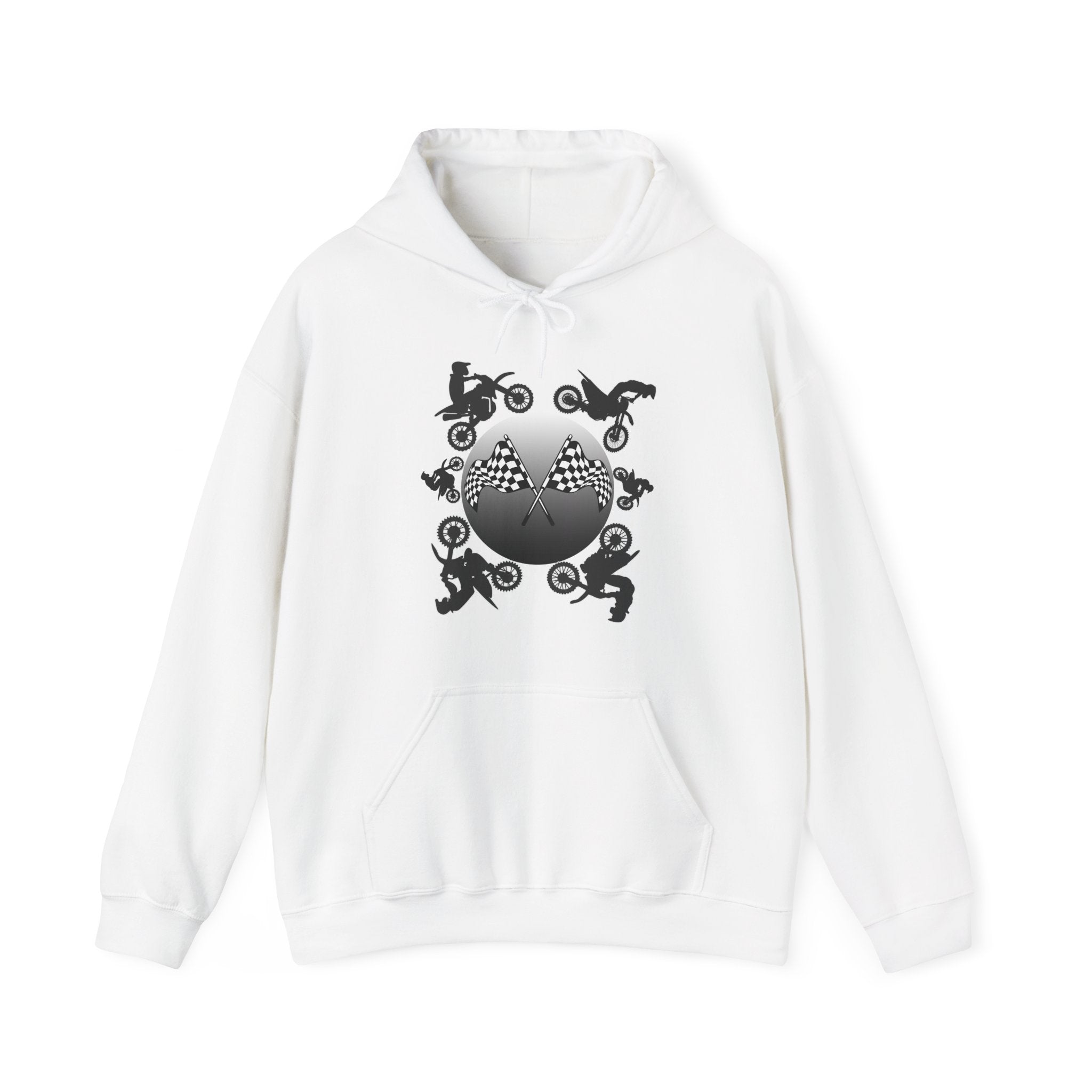 White hoodie with black graphic design on a white background