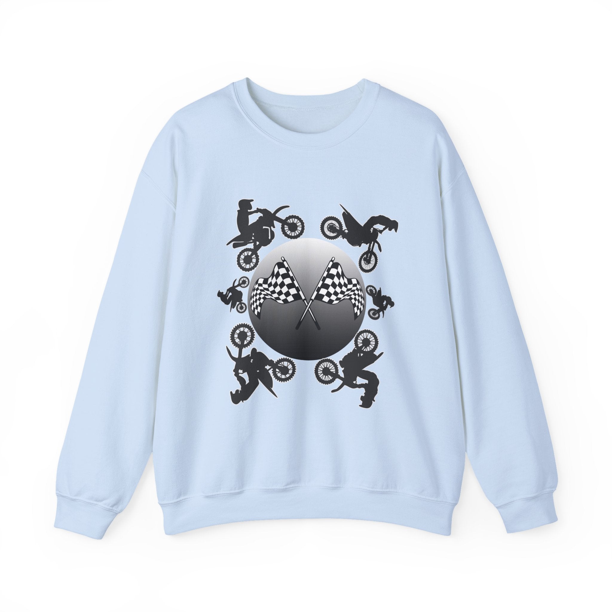Light blue sweatshirt with black graphic design on a white background