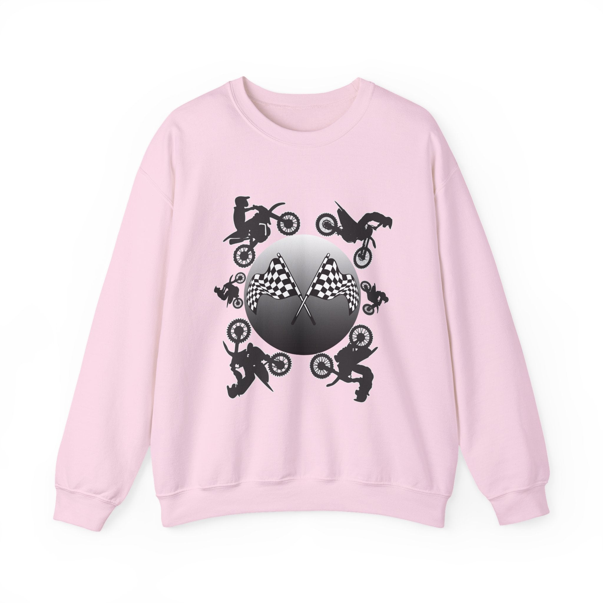 Light pink sweatshirt with motocross design and checkered flags on a white background