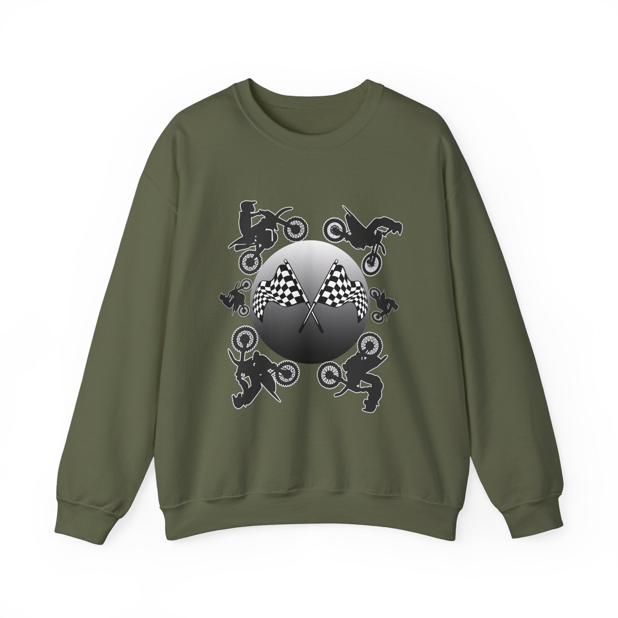 Military green sweatshirt with motocross design on a white background