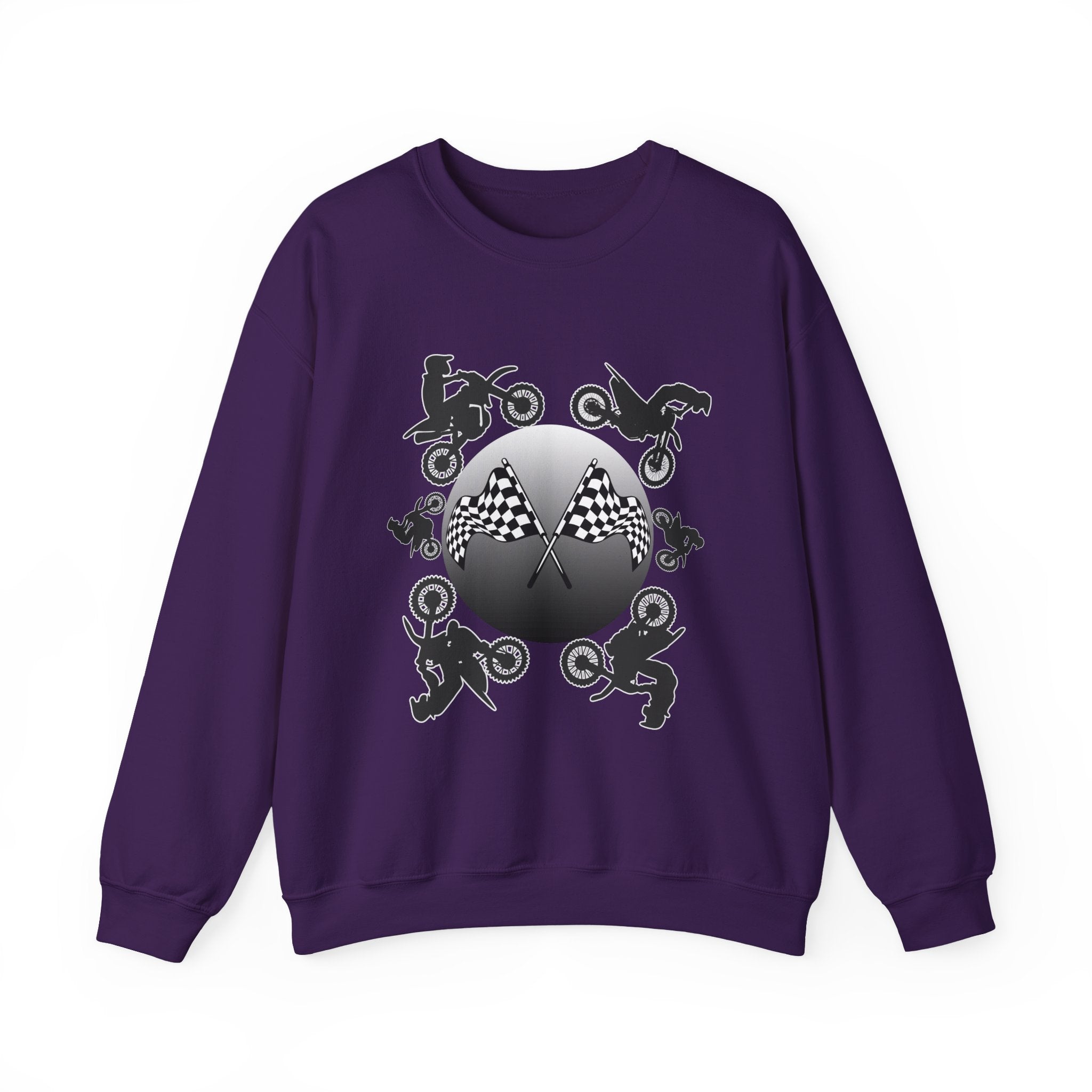 Purple sweatshirt with motocross graphics and checkered flags on a white background
