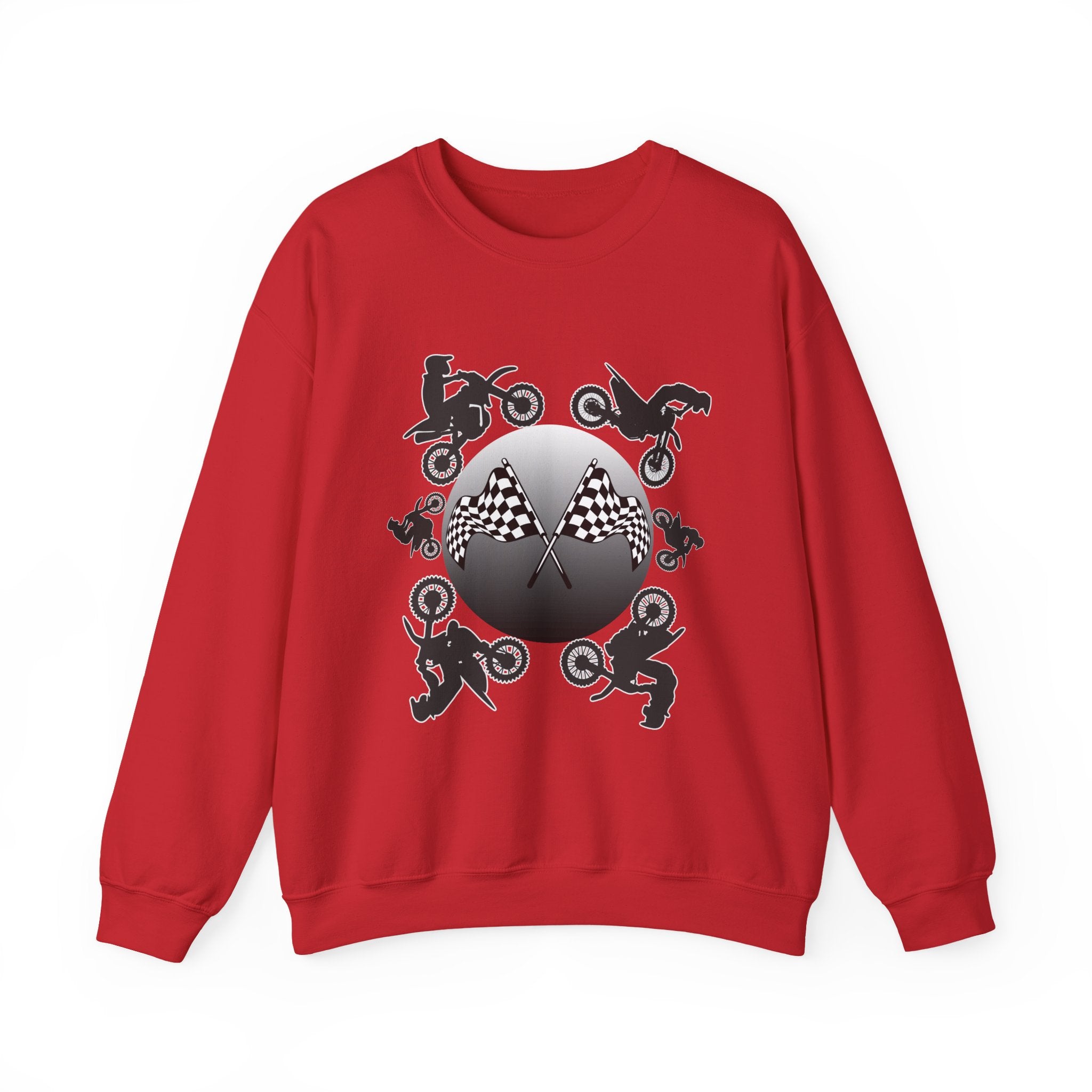 Red sweatshirt with black graphic design on a white background