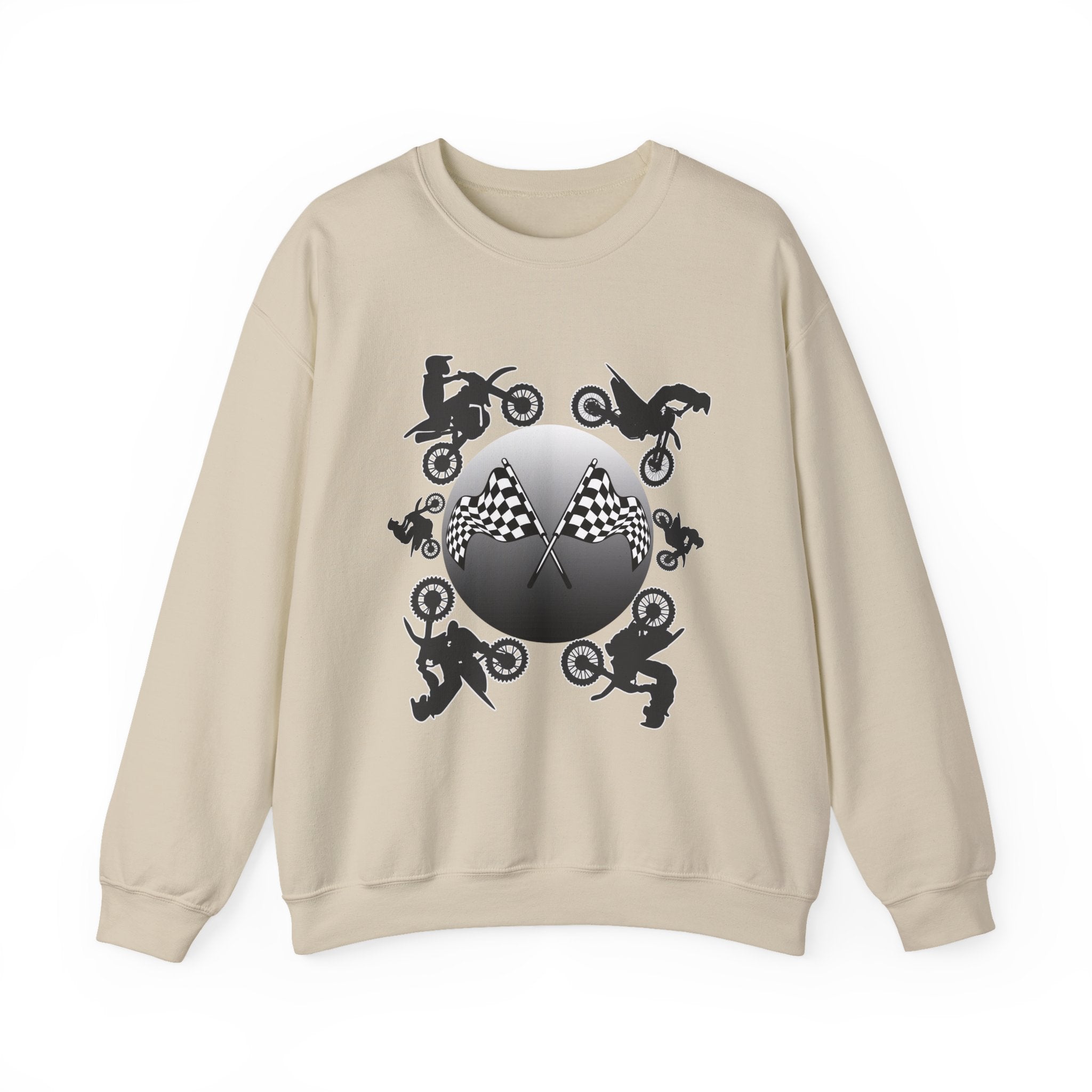 Beige sweatshirt with black graphic design on a white background