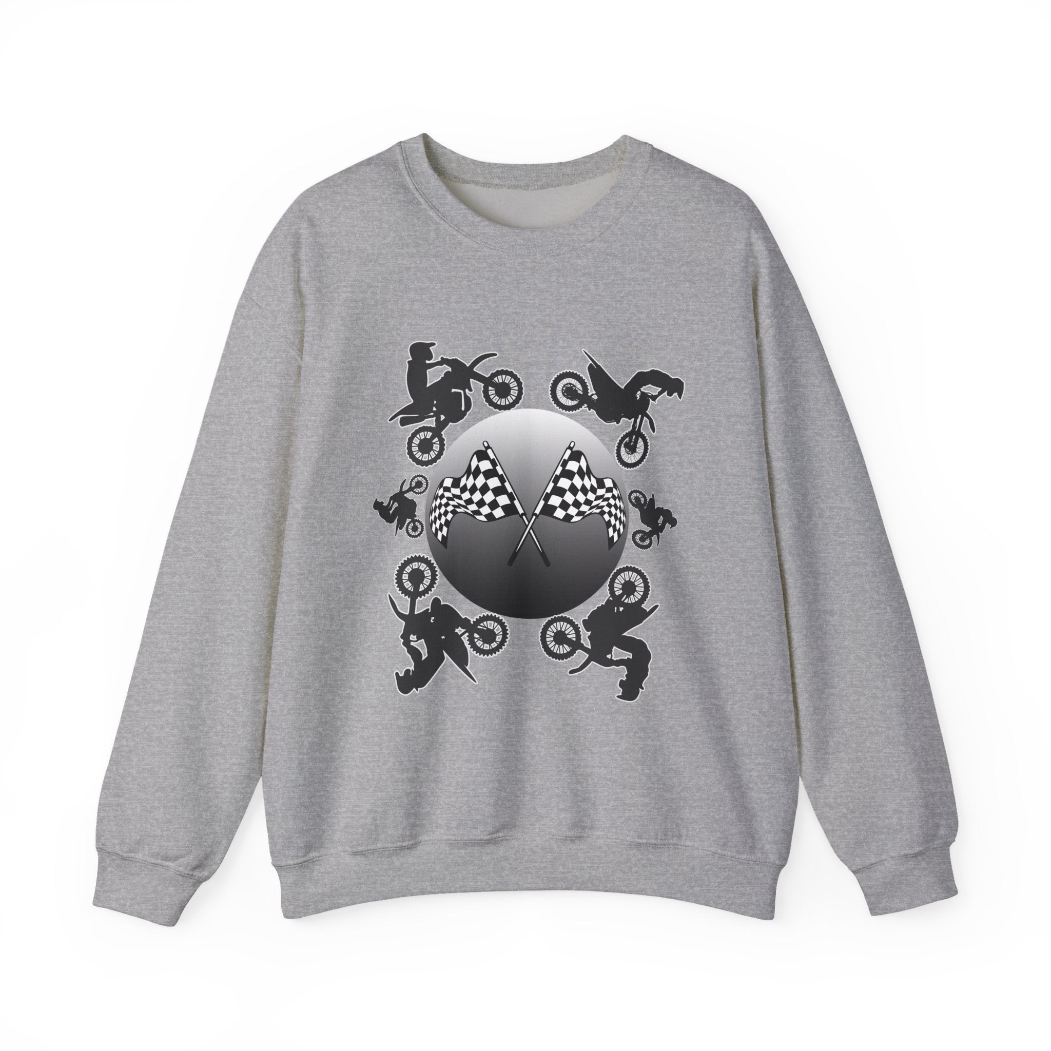 Gray sweatshirt with black graphic design on a white background