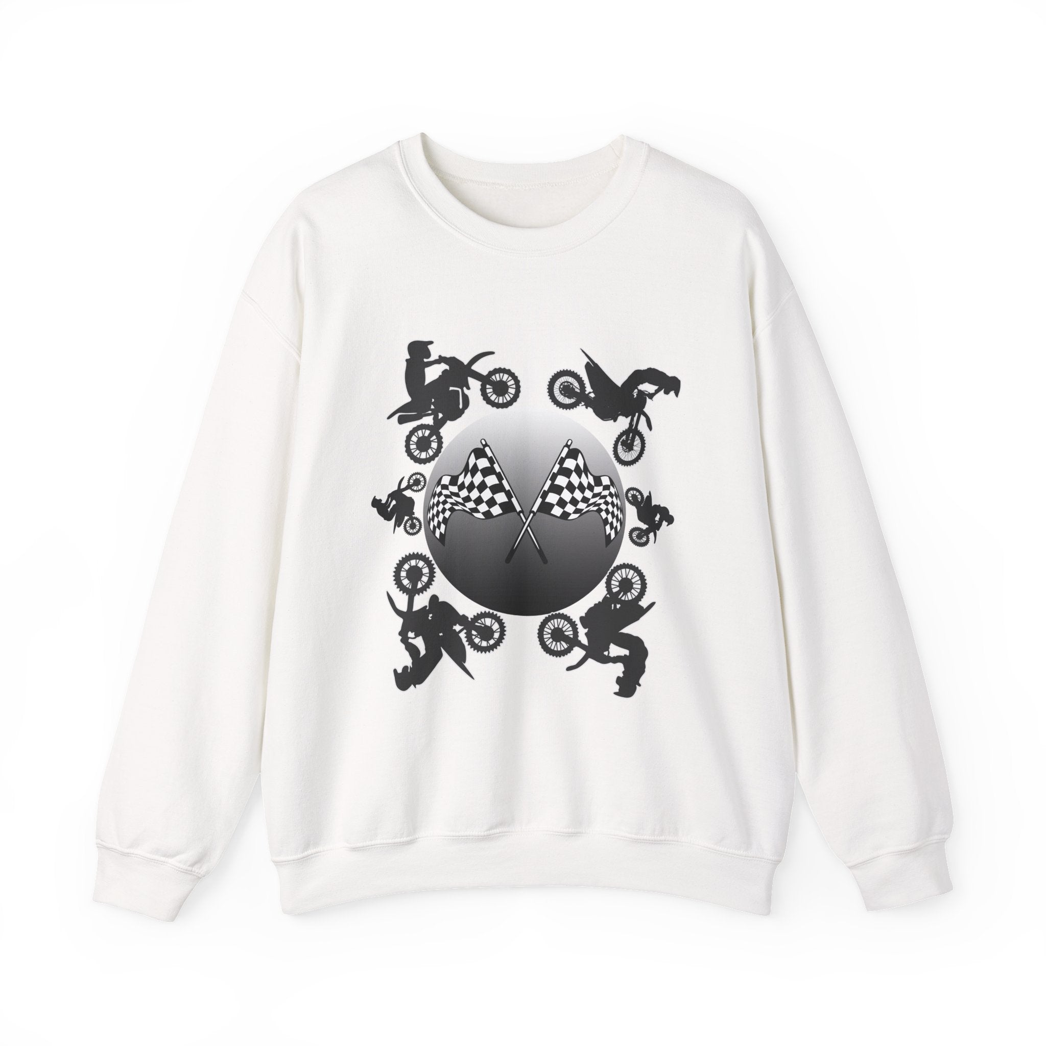 White sweatshirt with black graphic design on a white background