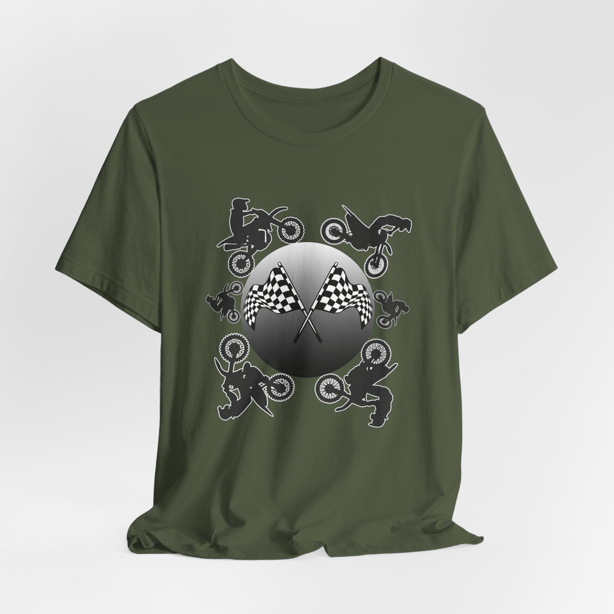 Military green t-shirt with motocross dirt bike graphics and checkered flags on a light gray background