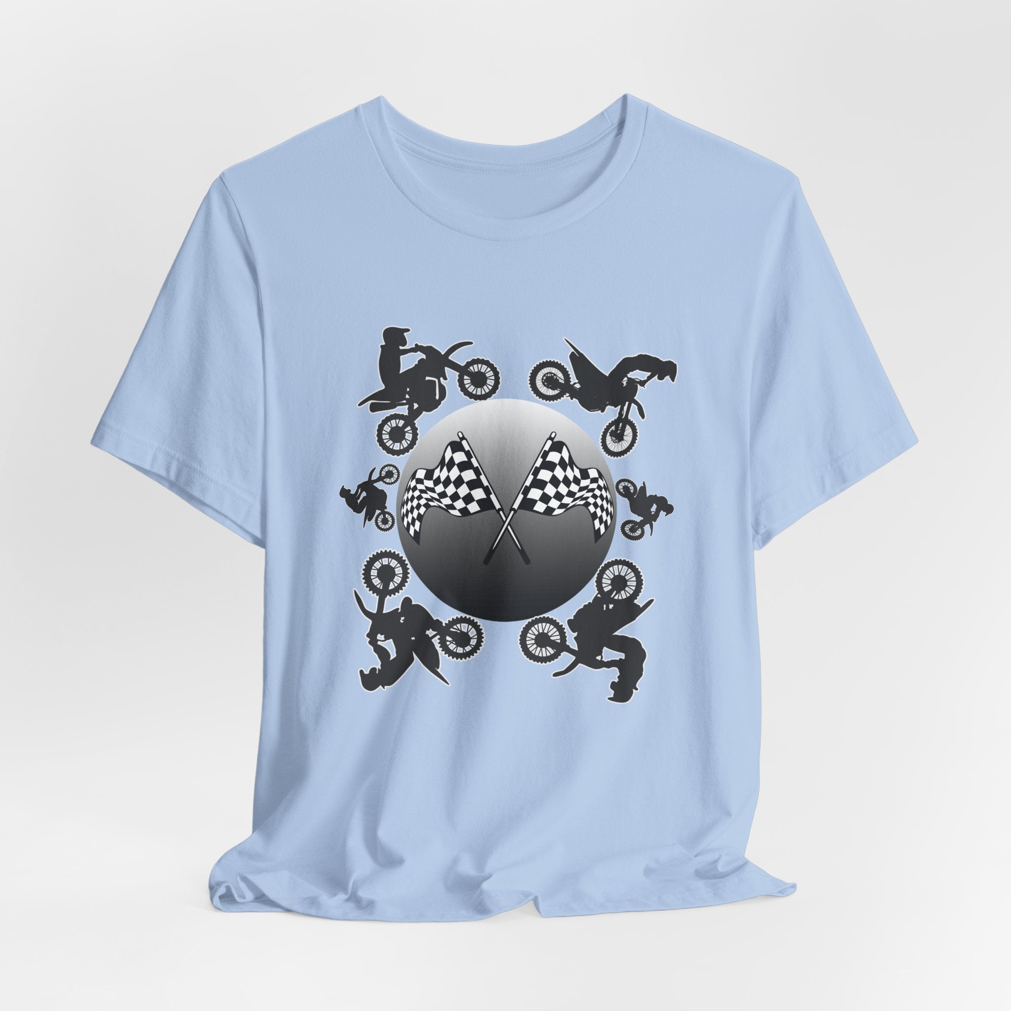 Baby light blue t-shirt with motocross dirt bike graphics and checkered flags on a light gray background