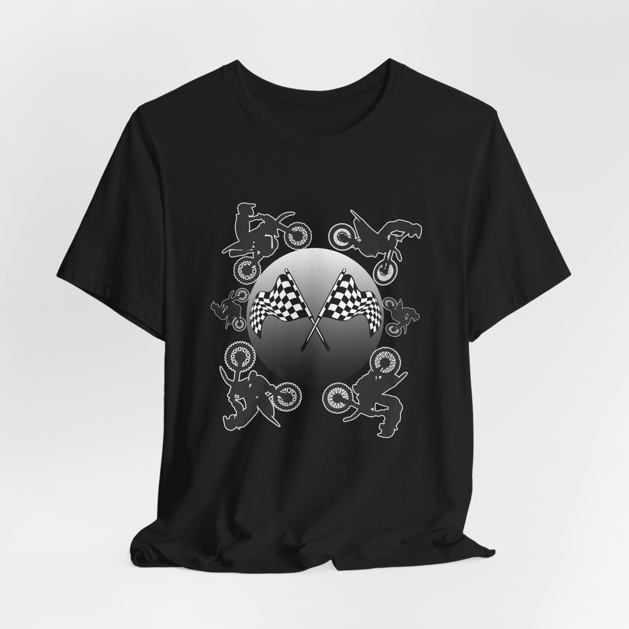 Black t-shirt with motocross dirt bike graphics and checkered flags on a light gray background