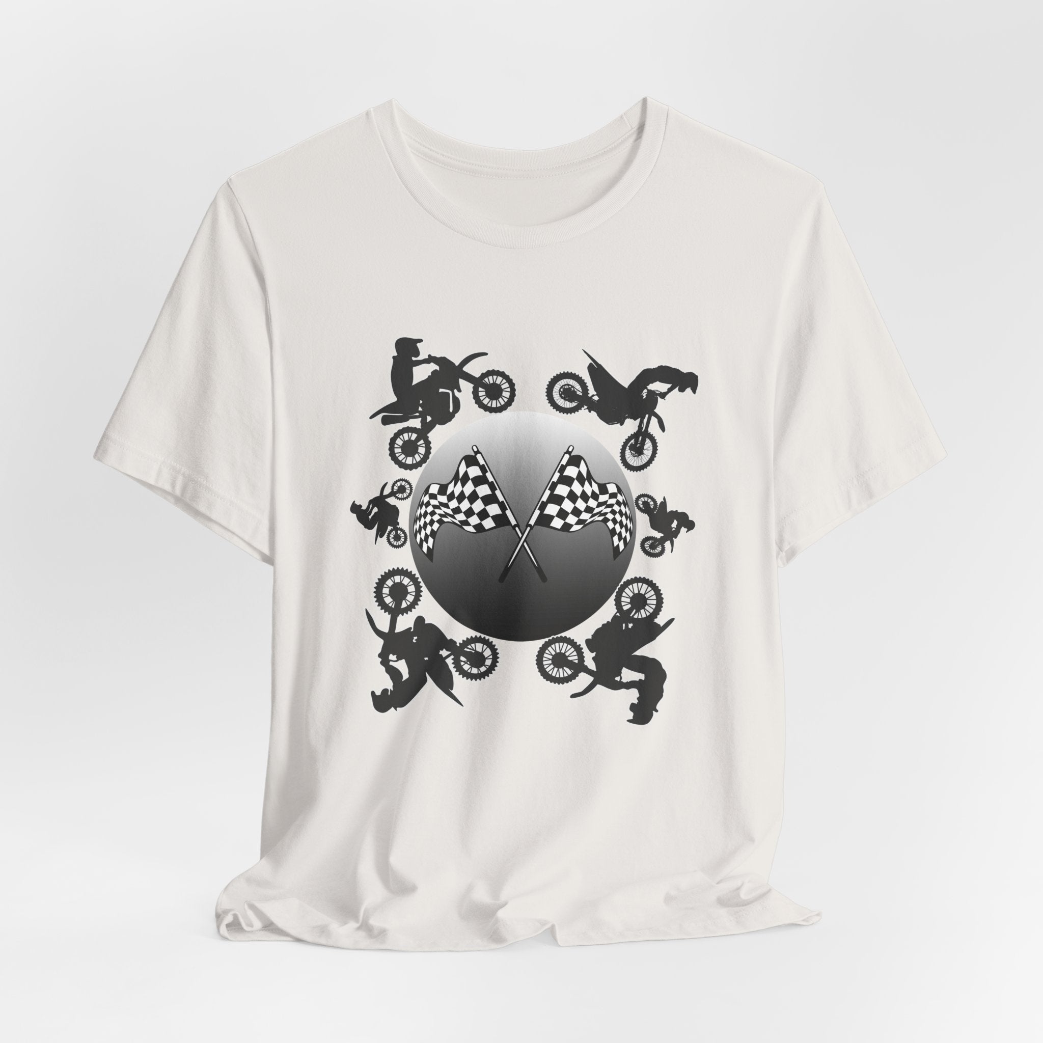 Dirty White t-shirt with motocross dirt bike graphics and checkered flags on a light gray background