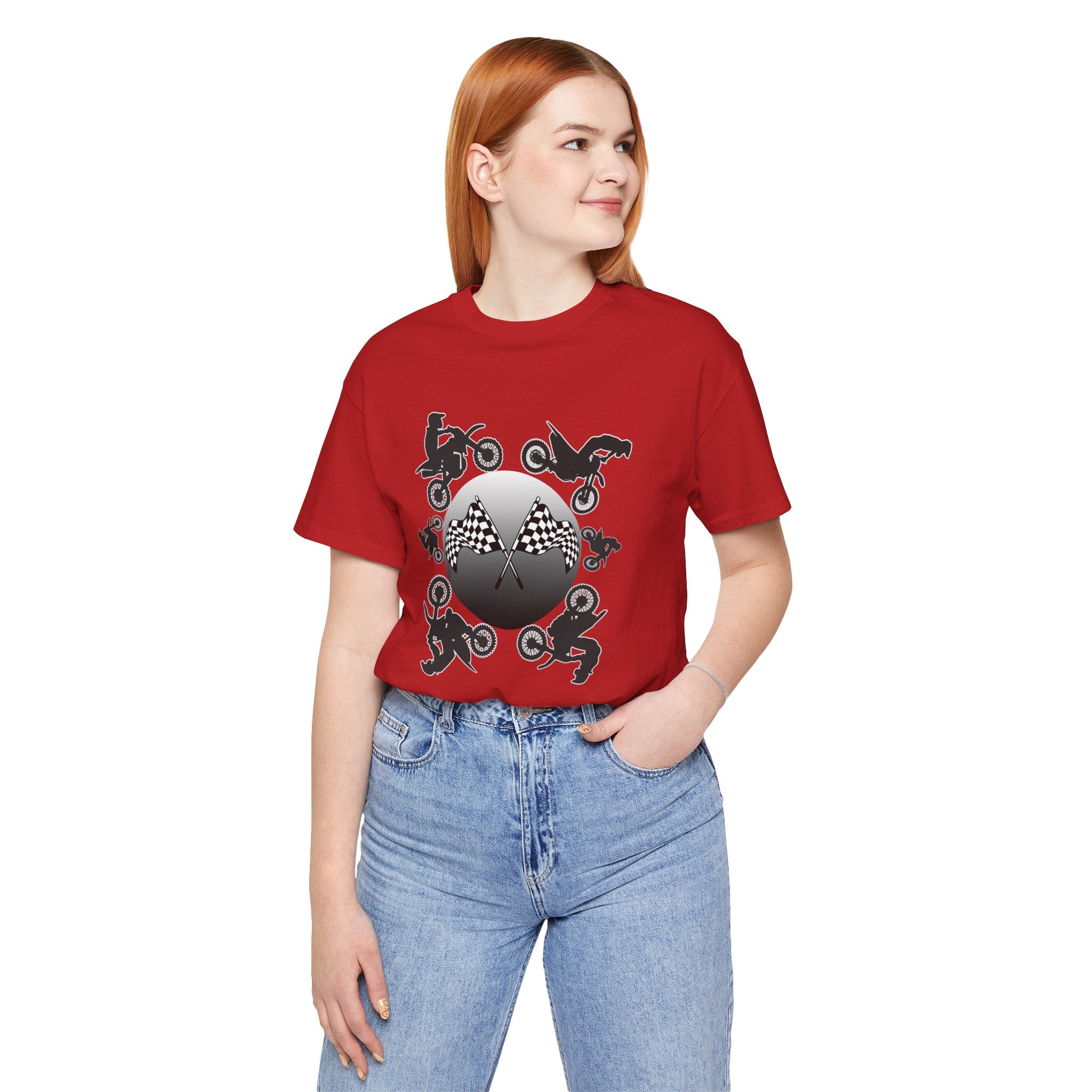 Person wearing a red t-shirt with a graphic design on a white background