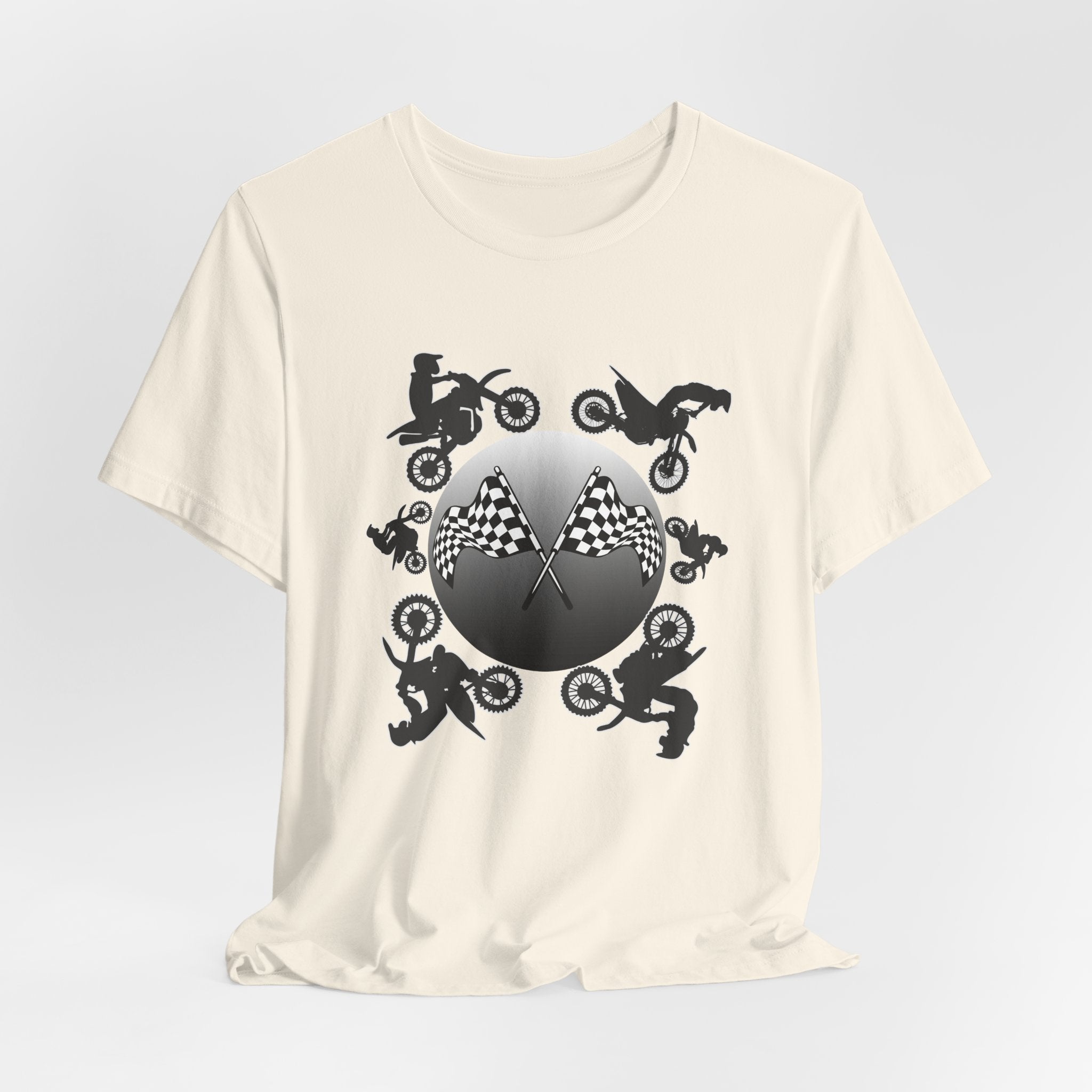 Ivory beige t-shirt with motocross dirt bike graphics and checkered flags on a light gray background