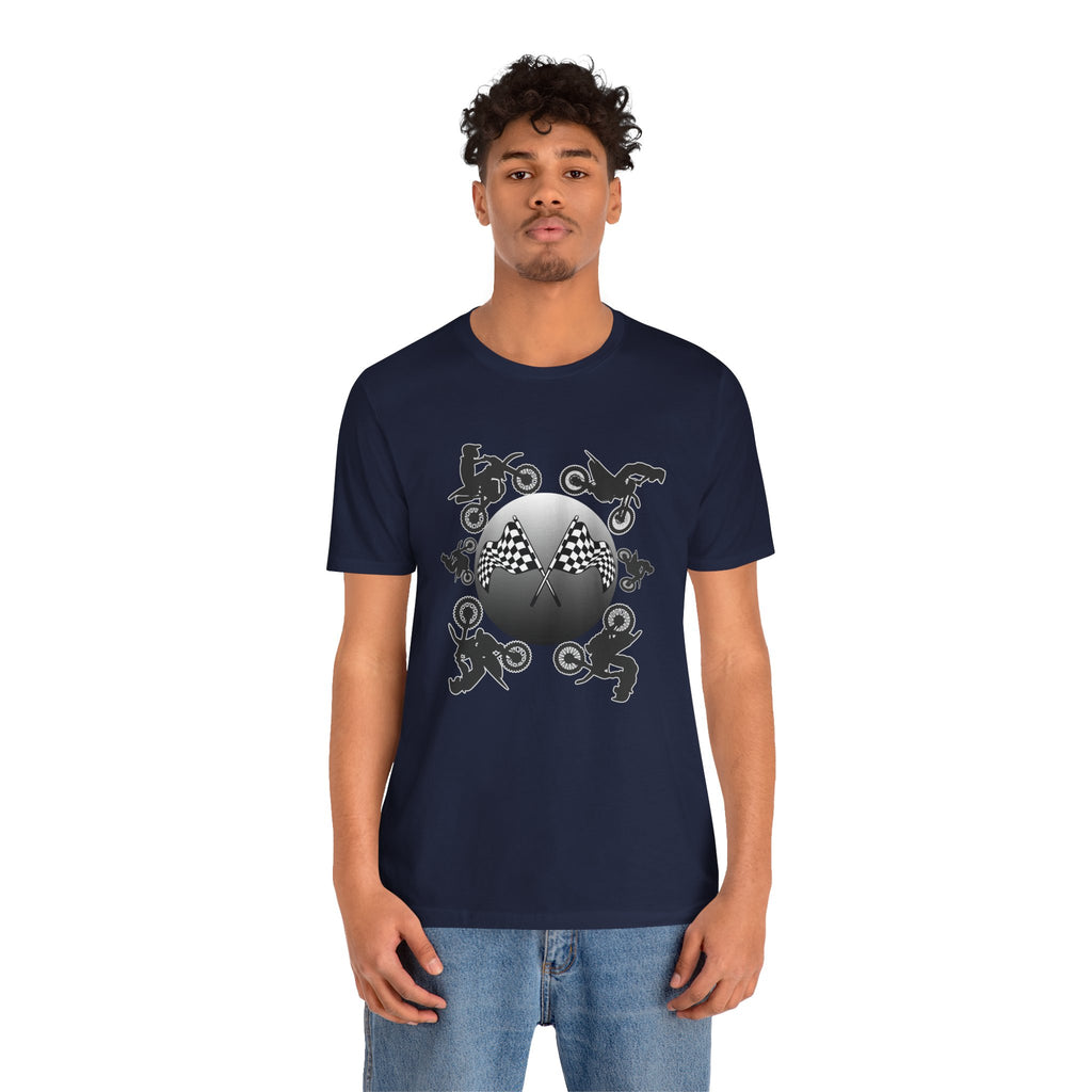 Person wearing a navy blue t-shirt with a graphic design on a white background