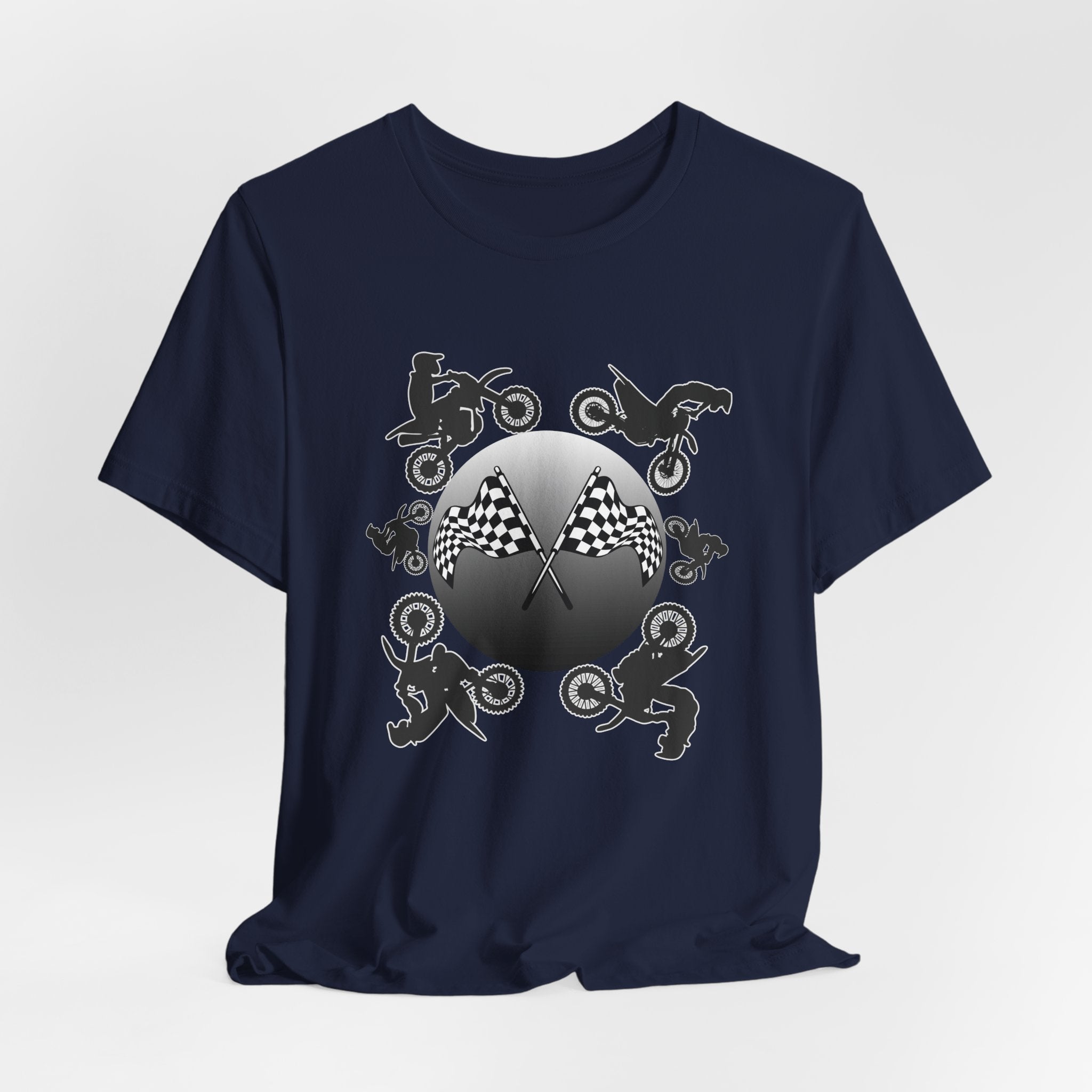 Navy blue t-shirt with motocross dirt bike graphics and checkered flags on a light gray background