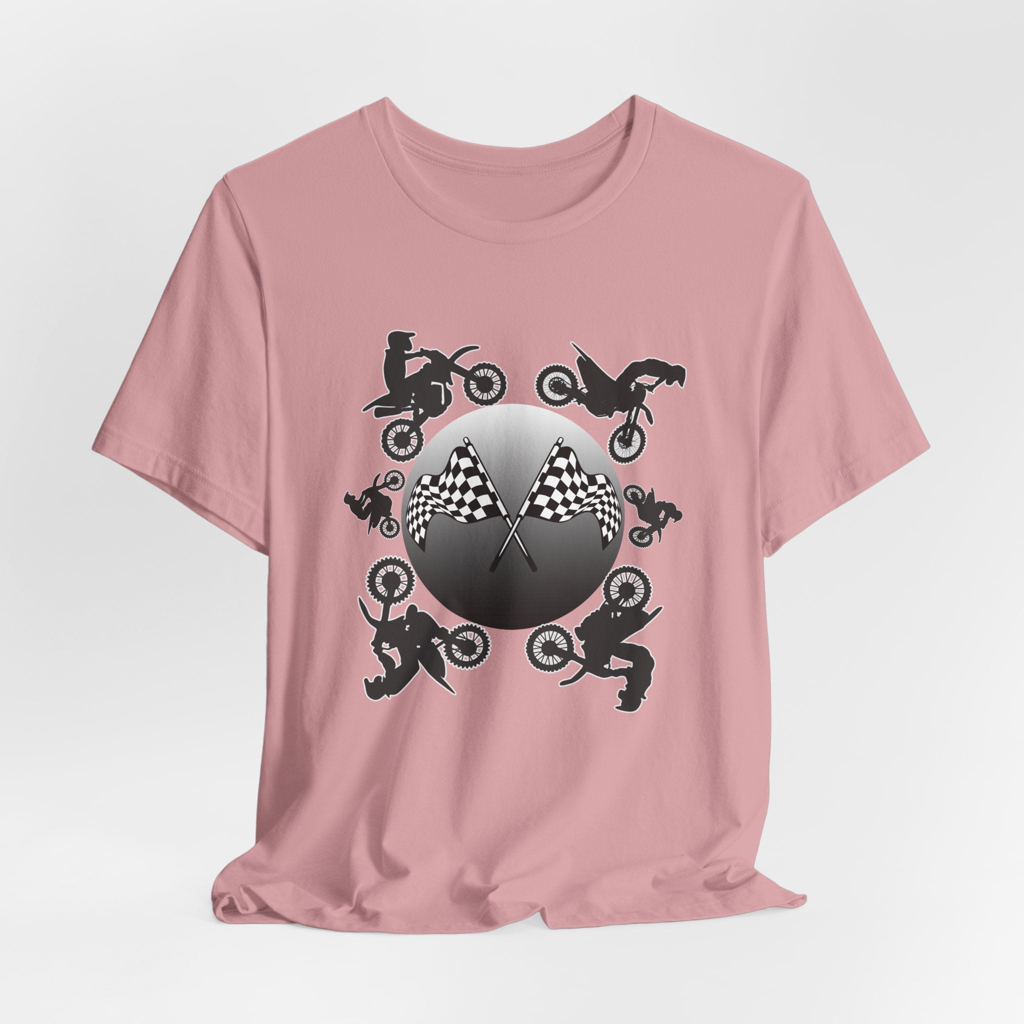 Orchid pink t-shirt with motocross dirt bike graphics and checkered flags on a light gray background