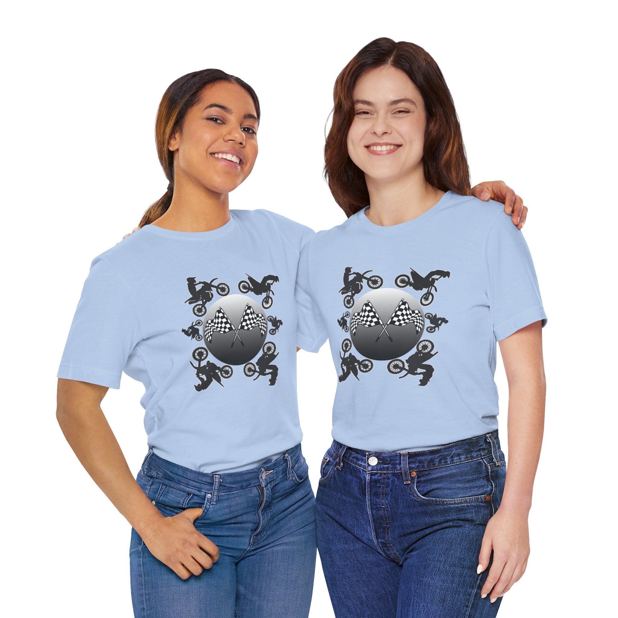 Two women wearing light blue t-shirts with a decorative emblem design on a white background